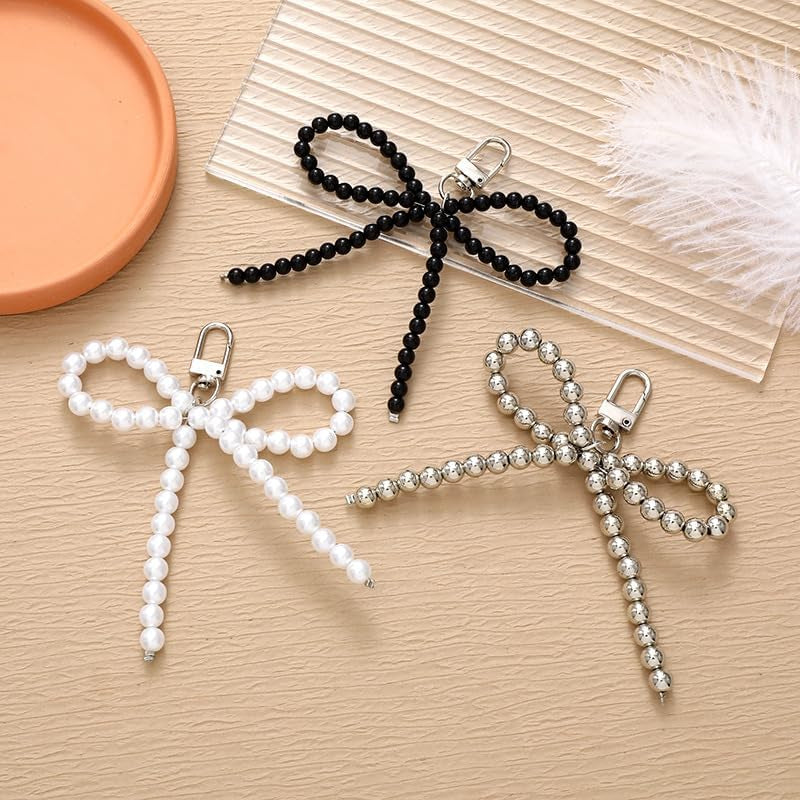 Silver Heart Pearl Bow Keychain Y2K Bowknot Keyring Sweet Bag Car Keys Charms Accessories for Women Girls