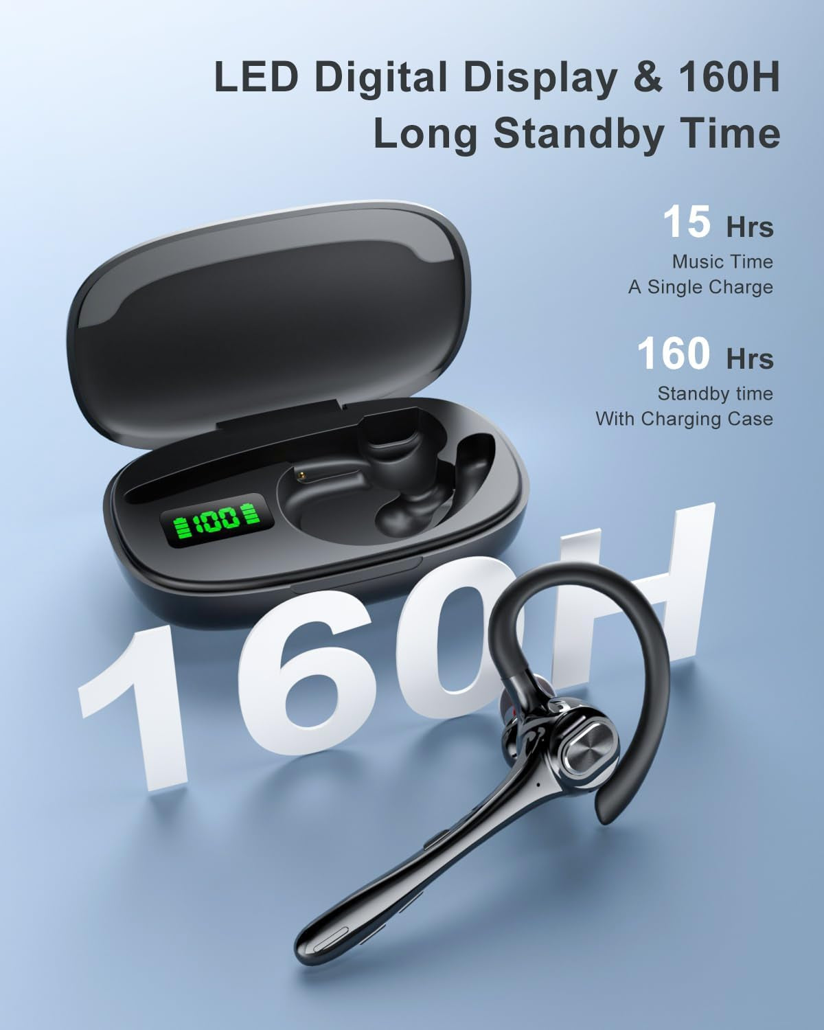 Earbuds Wireless Earpiece Bluetooth Headset with Noise Canceling Mic 160H Standby Time Hands Free Earphones Single Ear Headphone for Iphone Android Samsung Cell Phones PC TV Computer Game Trucker Work TRUCK DRIVER