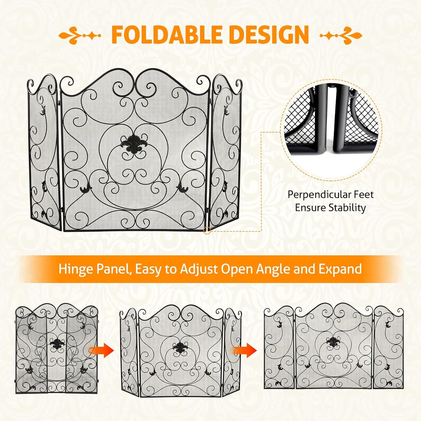 Fireplace Screen 3 Panel Fireplace Screens for Fireplace 50 X 31 Inch Wrought Iron Black Metal Spark Guard Cover Fireguards Mesh Cover Baby Safe Proof Fence Fire Place Standing Gate (Style 1)