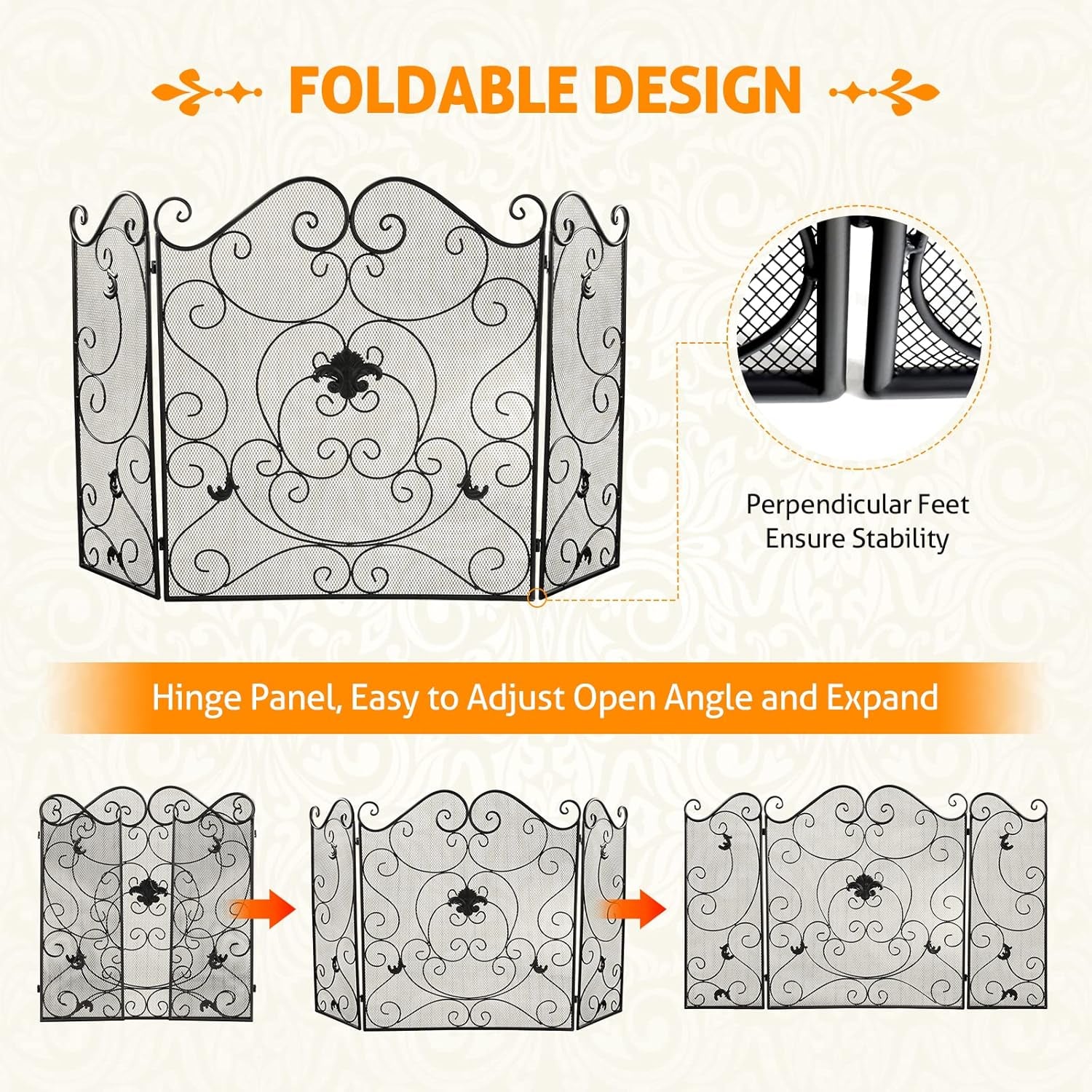 Fireplace Screen 3 Panel Fireplace Screens for Fireplace 50 X 31 Inch Wrought Iron Black Metal Spark Guard Cover Fireguards Mesh Cover Baby Safe Proof Fence Fire Place Standing Gate (Style 1)