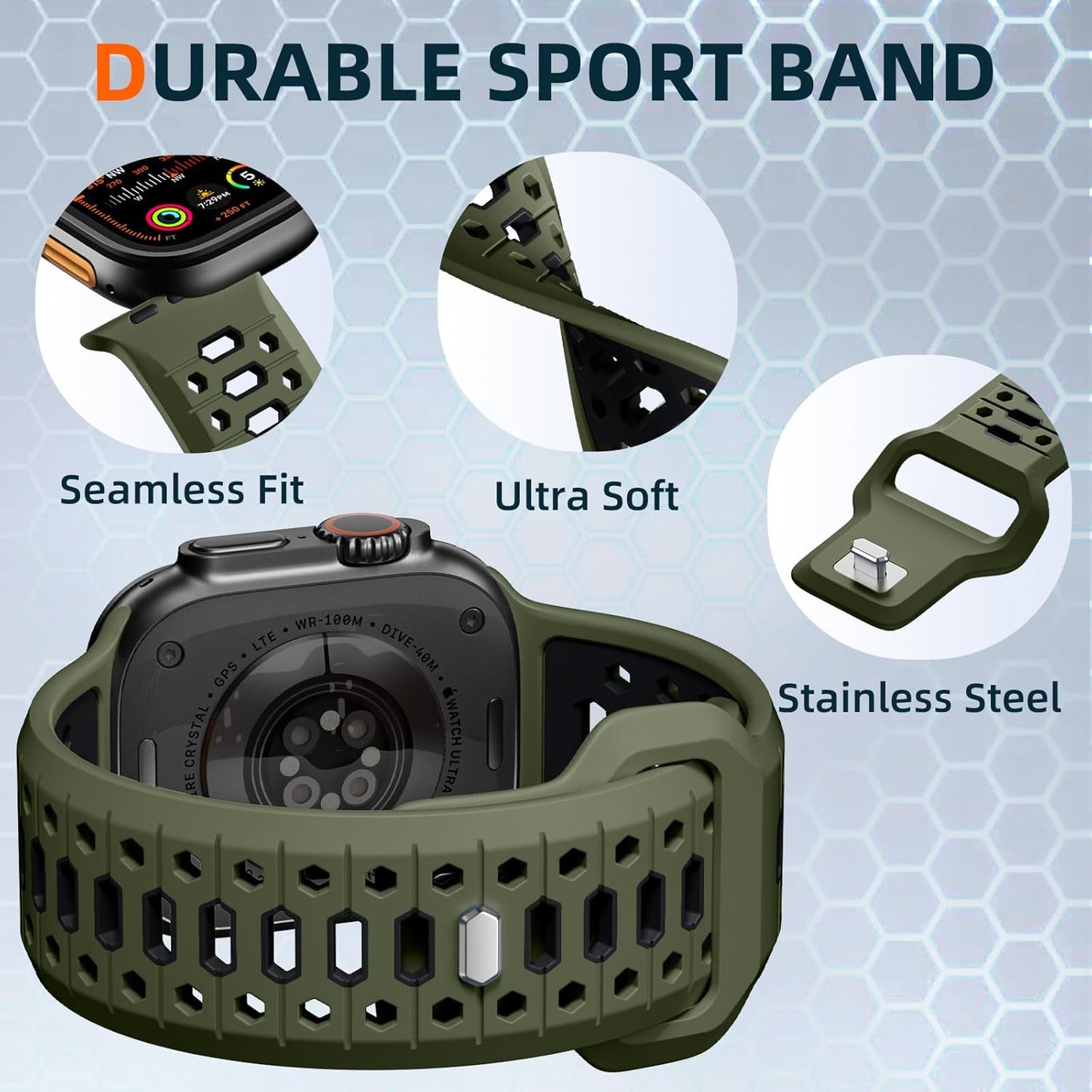 26MM Sport Band Compatible with Apple Watch Ultra 2 & Ultra Band 49Mm 46Mm 45Mm 44Mm 42Mm Men, Honeycomb Breathable Silicone Waterproof Strap for Iwatch Apple Watch Series 10 9 8 7 6 5 4 3 SE