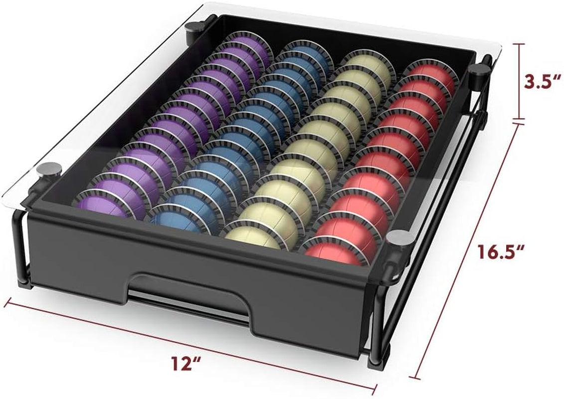Crystal Tempered Glass Organizer Drawer Holder Compatible with Nespresso Vertuo Capsules, Compatible with 40 Big or 52 Small Vertuoline Pods, 12'' Wide by 15.6'' Deep by 3.5'' High