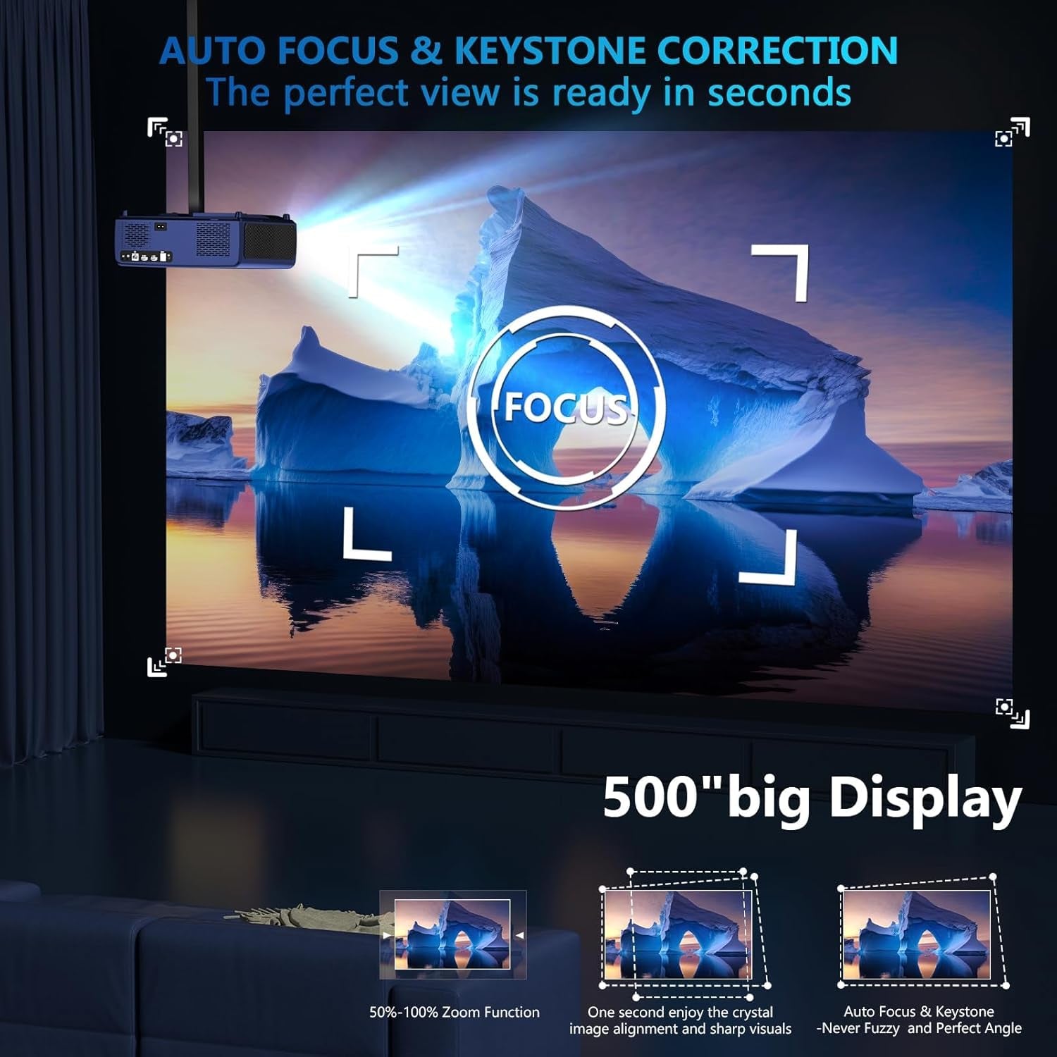 [Auto Focus 4K Projector] Smart Movie Projector 4K, 1300ANSI Outdoor Projector 4K with Wifi6 & Bluetooth,Auto 6D Keystone,50%Zoom,Ppt,Arc,Projectors for TV Stick/Phone/Laptop