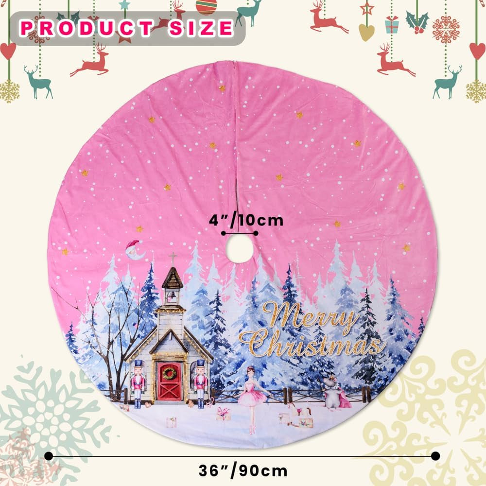 36 Inch Christmas Tree Skirt, Cute Pink Soft Dutch Velvet Xmas Tree Skirts with Winter Snow Snowflake Nutcracker for Winter Christmas Holiday Indoor Outdoor Decorations Decor (Pink, 36''/90Cm)