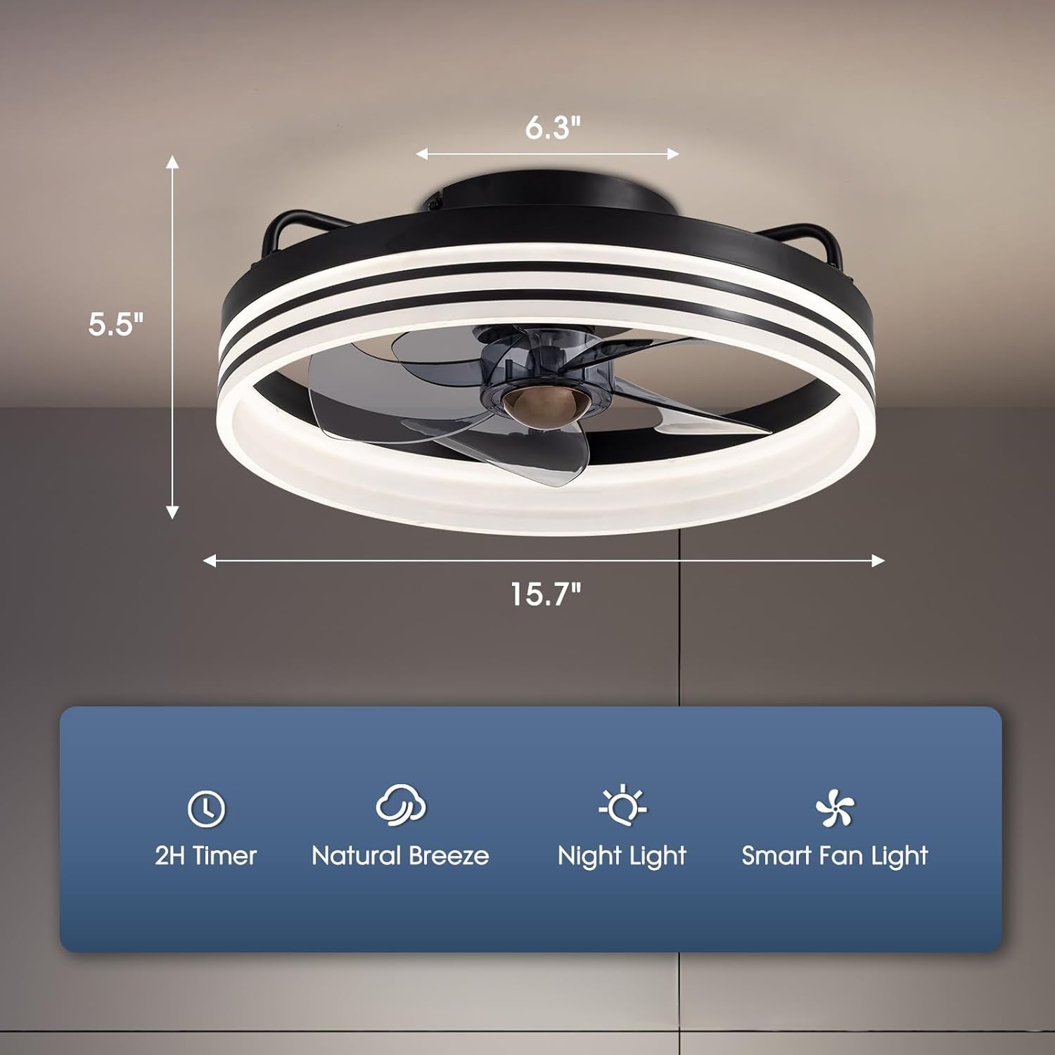 Ceiling Fans with Lights and Remote, Low Profile Ceiling Fan with Stepless Dimming Lighting, 6 Wind Speeds, 15.7 Inch Flush Mount Ceiling Fan for Bedroom