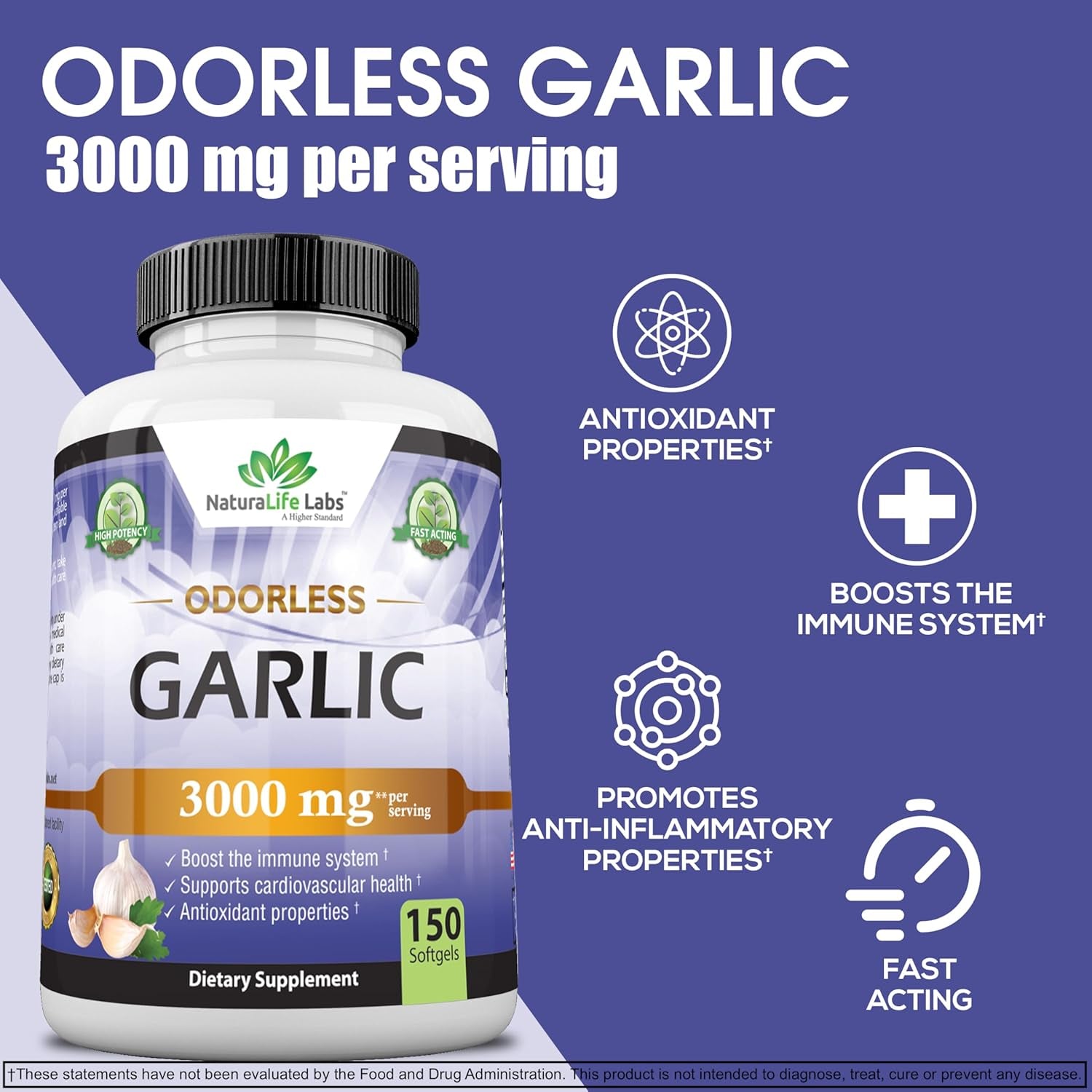 Odorless Garlic 3000 Mg per Serving Immune System Support - 150 Soft Gels TLBH