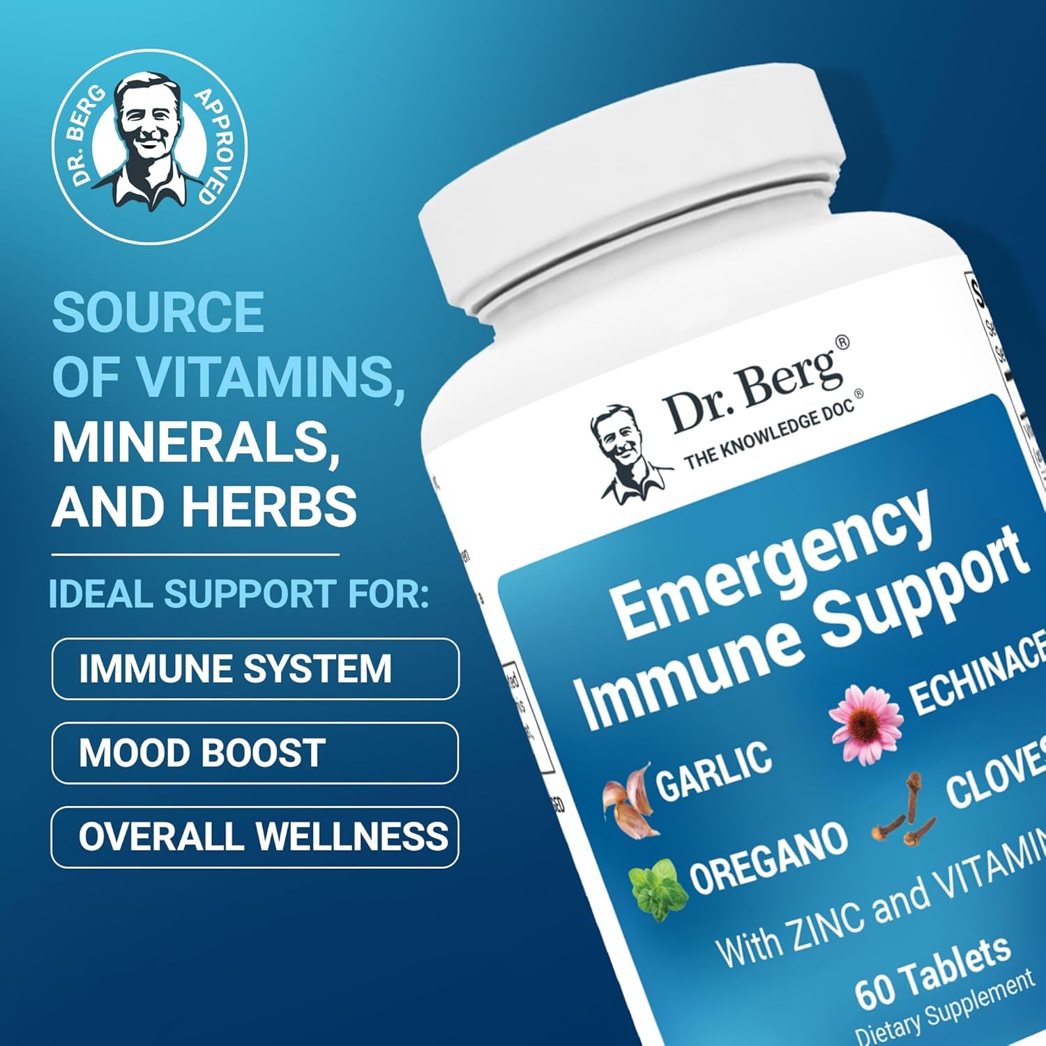 Dr. Berg Emergency Immune Support W/Echinacea - Potent Blend of Herbal Extracts (Warning: Strong Herbal Smells) - Immune Support Supplement Includes 2,000 Ius of Vitamin D & 10Mg of Zinc - 60 Tablets TLBH