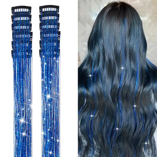 12Pcs Hair Tinsel Clip in 19.6Inch Tinsel Hair Extensions Clip in Hair Tinsel Kit Heat Resistant Shiny Sparkle Glitter Hair Extensions Fairy Hair Accessories for Women Girls Kids (Blue)