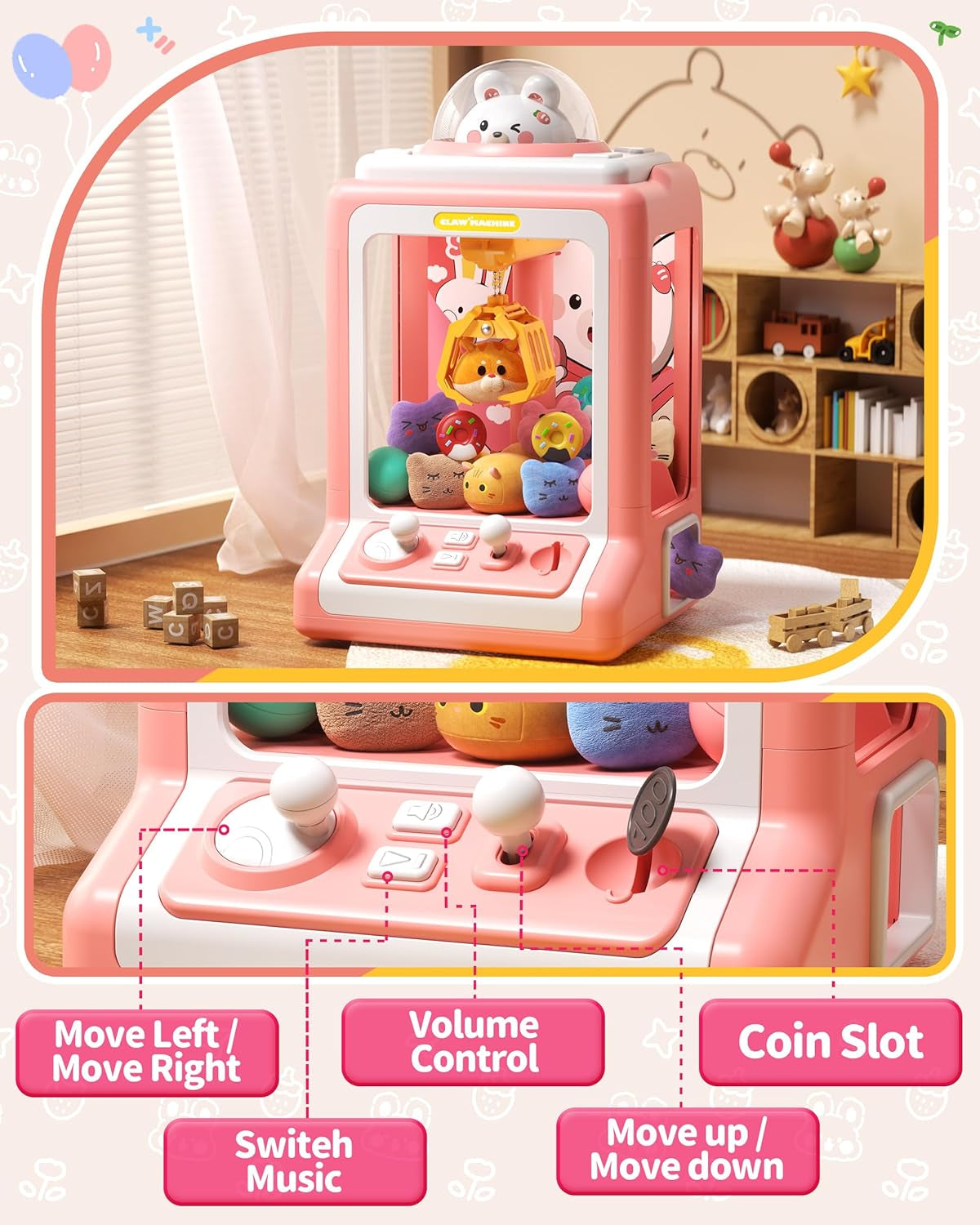 Rabbit Claw Machine for Kids, Mini Vending Machine with Game Coins & Music, Prize Dispenser Toys for Girls and Boys, Electronic Claw Game Machine for Party Birthdays, Includes 30 Mini Toys ZOUSA