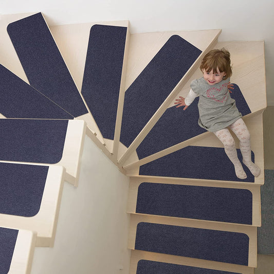 8X30In 15PCS Non-Slip Stair Treads Carpet, Self-Adhesive Stair Treads for Wooden Steps, Indoor Safety Staircase Step Treads, anti Slip Stair Runner Mats for Elders, Kids and Dogs (Navy Blue)