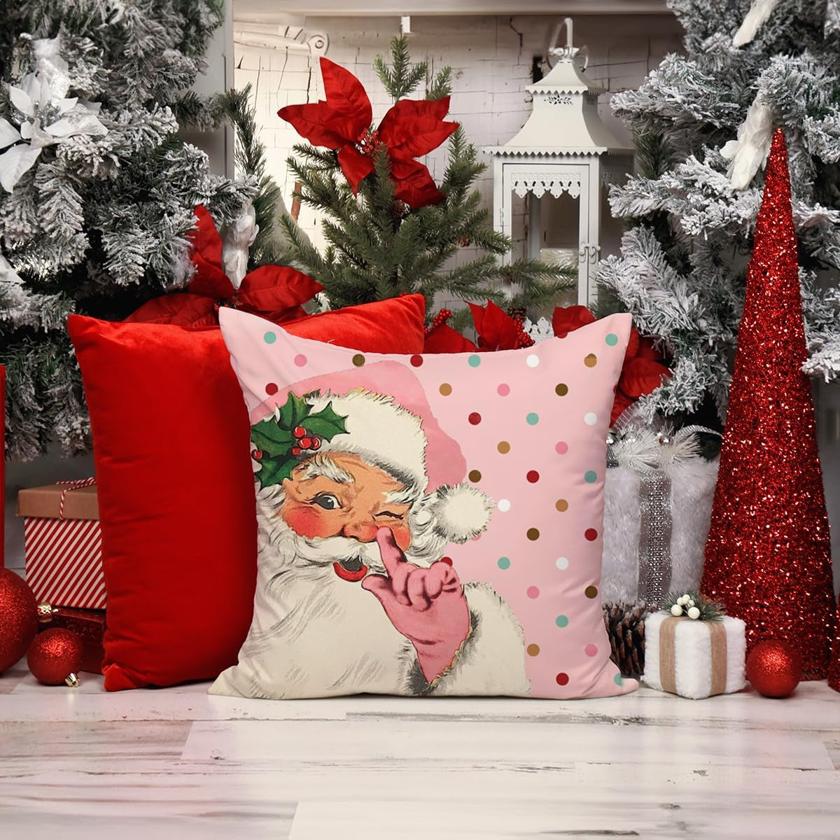 Christmas Decorations Pillow Covers 18×18 Set of 4 Snowflake Santa Snowman Deer Bird Candy Cane Xmas Rustic Winter Holiday Throw Pillows Christmas Decor Cushion Cases Polka Dots Pink-18