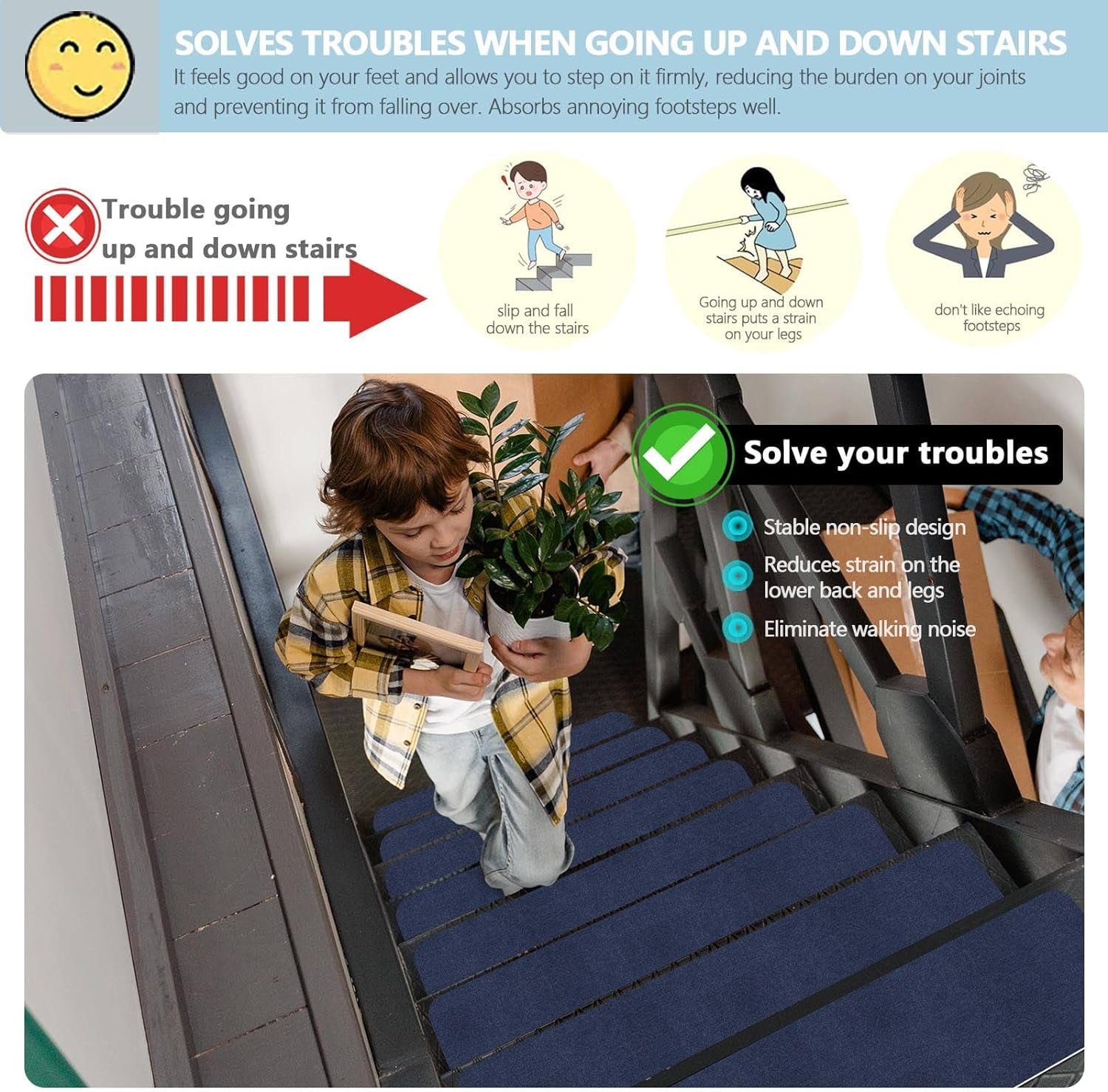 8" X 30" (15 in Pack) Non-Slip Stair Treads Carpet for Wooden Steps, Self-Adhesive Stair Treads Mat, Safety Indoor Stair Runner Mats, anti Slip Stair Rugs for Kids Elders and Dogs，Navyblue