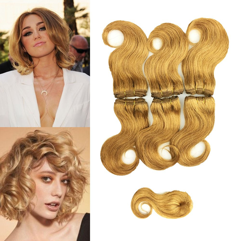 Beauty Brazilian Virgin Short Hair Extensions Honey Blonde Body Wave Bundles with Closure 8 Inch Bob Weave Human Hair