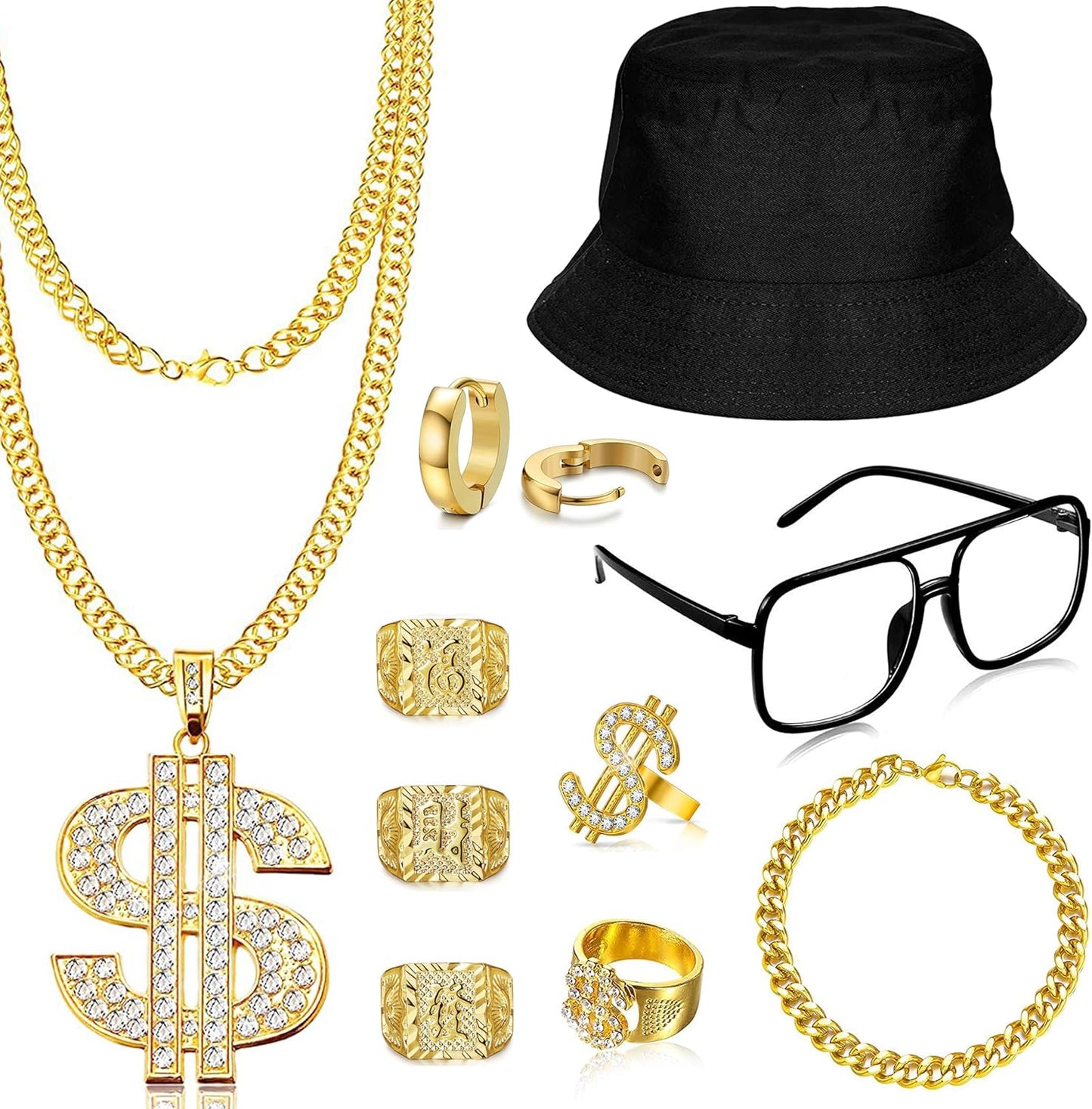 80S 90S Hip Hop Costume Accessories Kit Old School Rapper Outfit Gold Rope Chain Bracelet Necklace Dollar Sign Kanji Rings Gold Hoops Jewelry Set