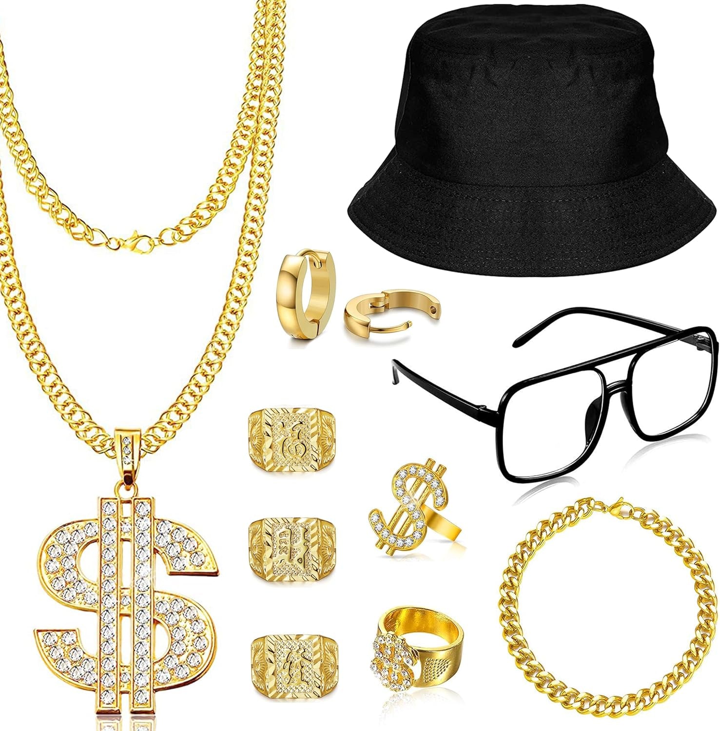 80S 90S Hip Hop Costume Accessories Kit Old School Rapper Outfit Gold Rope Chain Bracelet Necklace Dollar Sign Kanji Rings Gold Hoops Jewelry Set