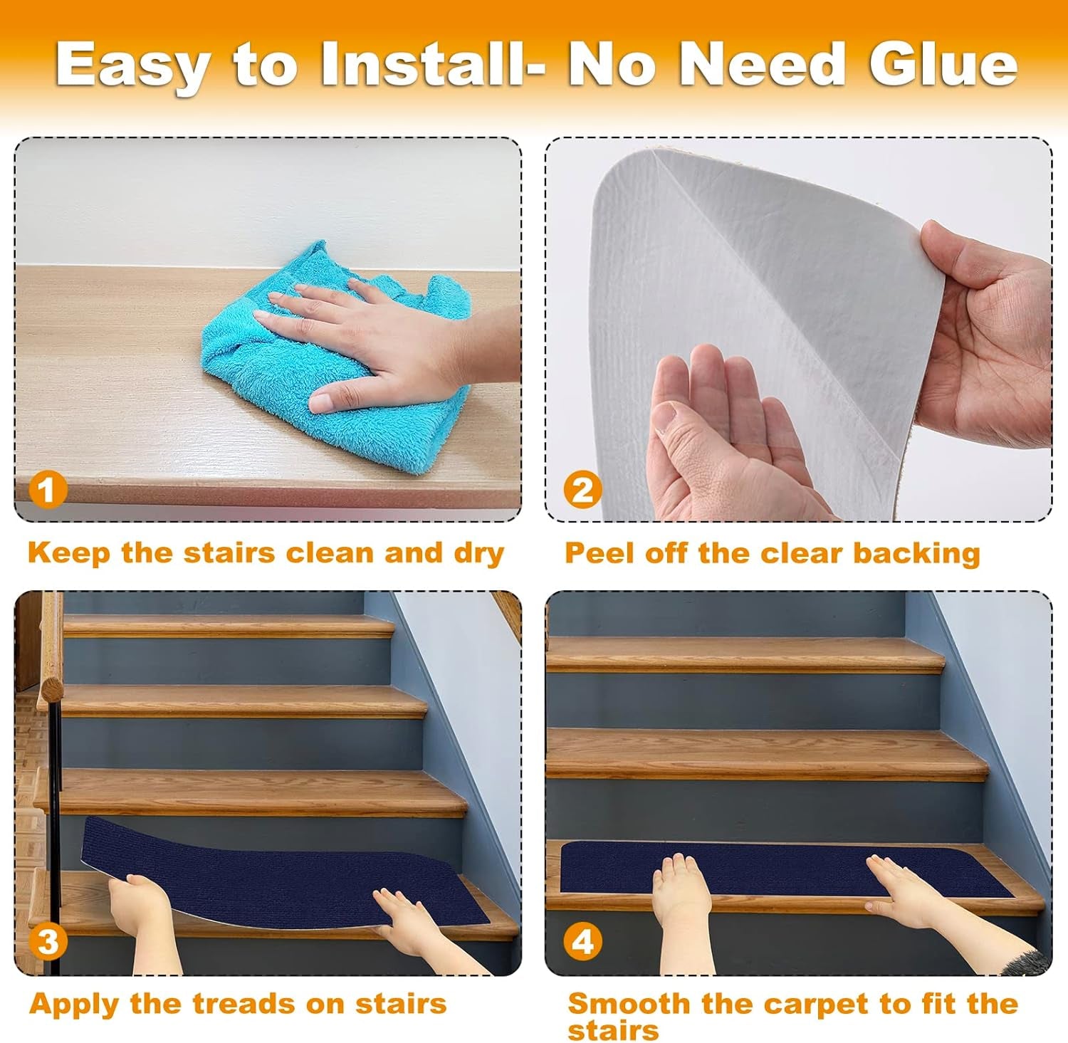 8X30In 15PCS Non-Slip Stair Treads Carpet, Self-Adhesive Stair Treads for Wooden Steps, Indoor Safety Staircase Step Treads, anti Slip Stair Runner Mats for Elders, Kids and Dogs (Navy Blue)