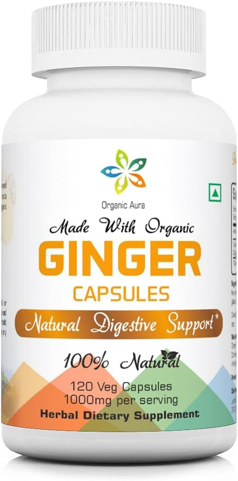 Organic Aura Ginger Capsules - 120 Veg Capsules. 2 Month Supply. Naturally Boosts Digestion, Relief Stomach Upset and Improves Immunity. No GMO and Gluten Free. TLBH