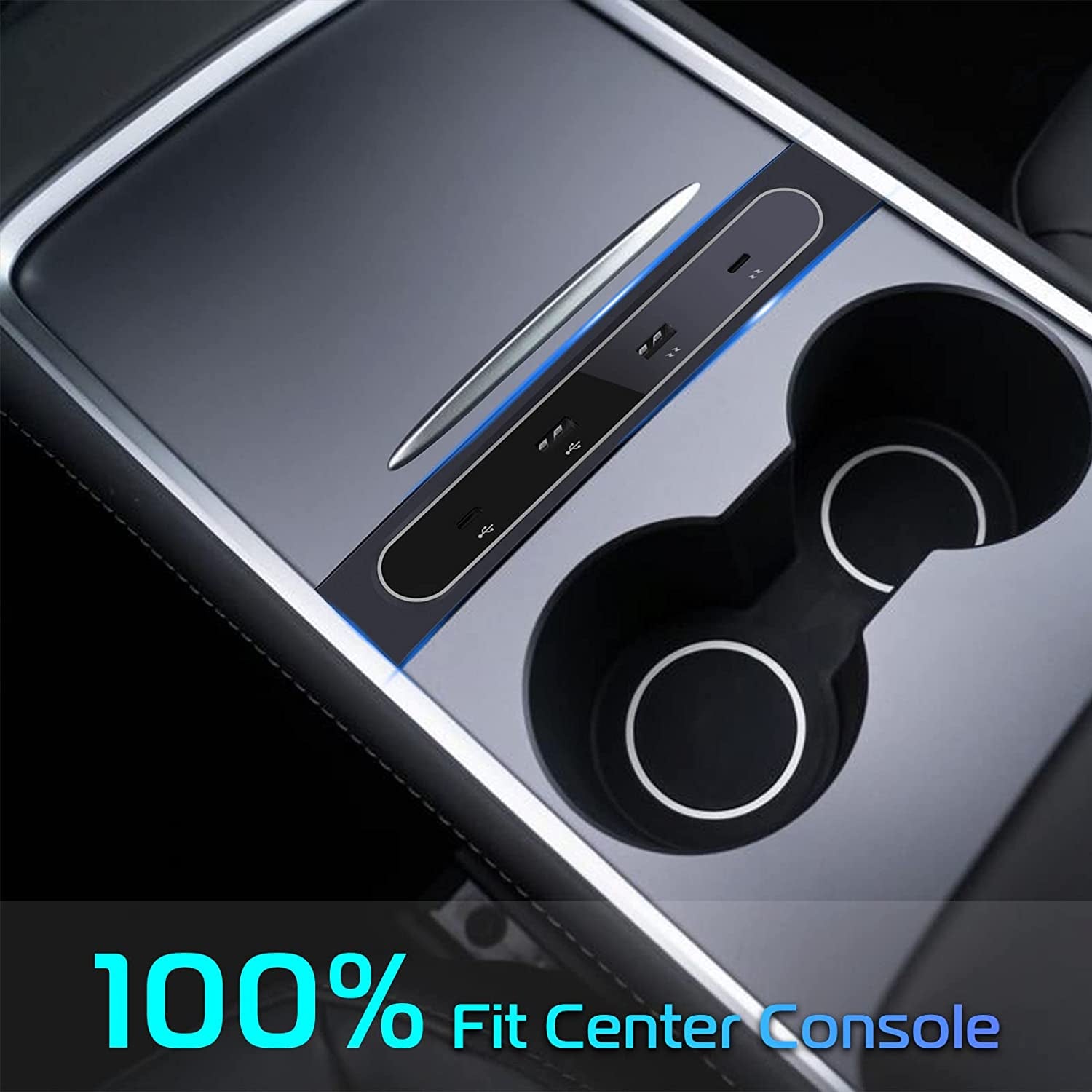 Car USB Charger Multi Port for 2021 2022 2023 2024 Tesla Model 3/Y | Tesla USB Hub with Blue Led Light | Tesla Model 3/Y Accessories 100% Fit Center Console Adapter | Tesla Phone Charger