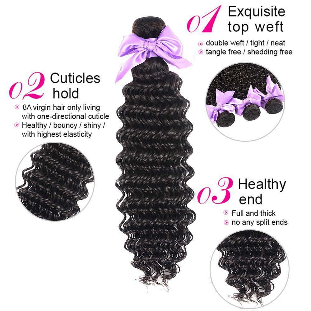 Brazilian Hair Deep Wave 3 Bundles with Frontal 13X4 Free Part Lace Frontal 100% Virgin Human Hair Bundles Brazilian Hair Extensions Natural Black Color (16 18 20+14)
