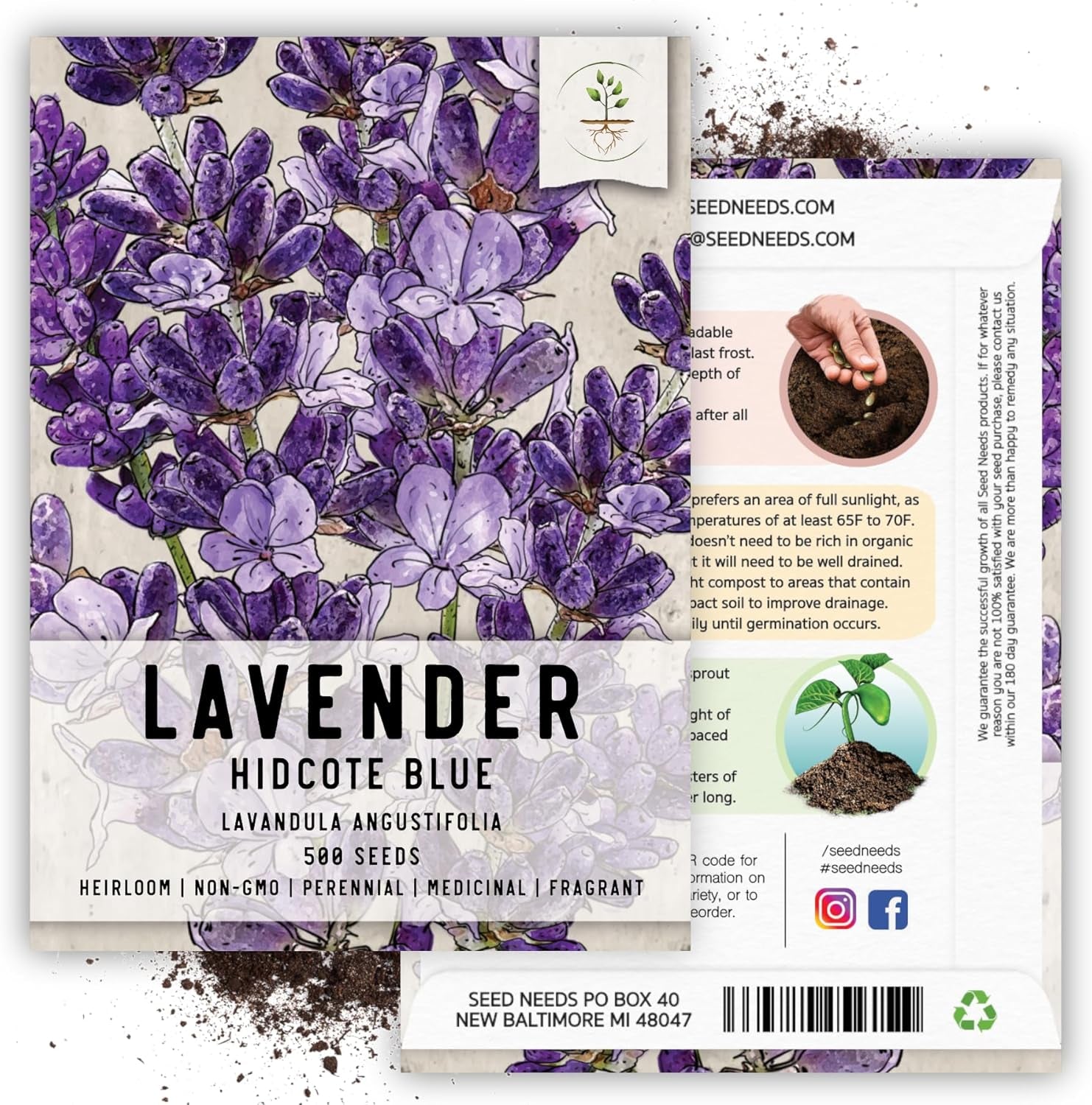 , Blue Hidcote Lavender Seeds - 500 Heirloom Seeds for Planting Lavandula Angustifolia - Fragrant Perennial Medicinal Herb for Outdoor Gardens (1 Pack) TLBH
