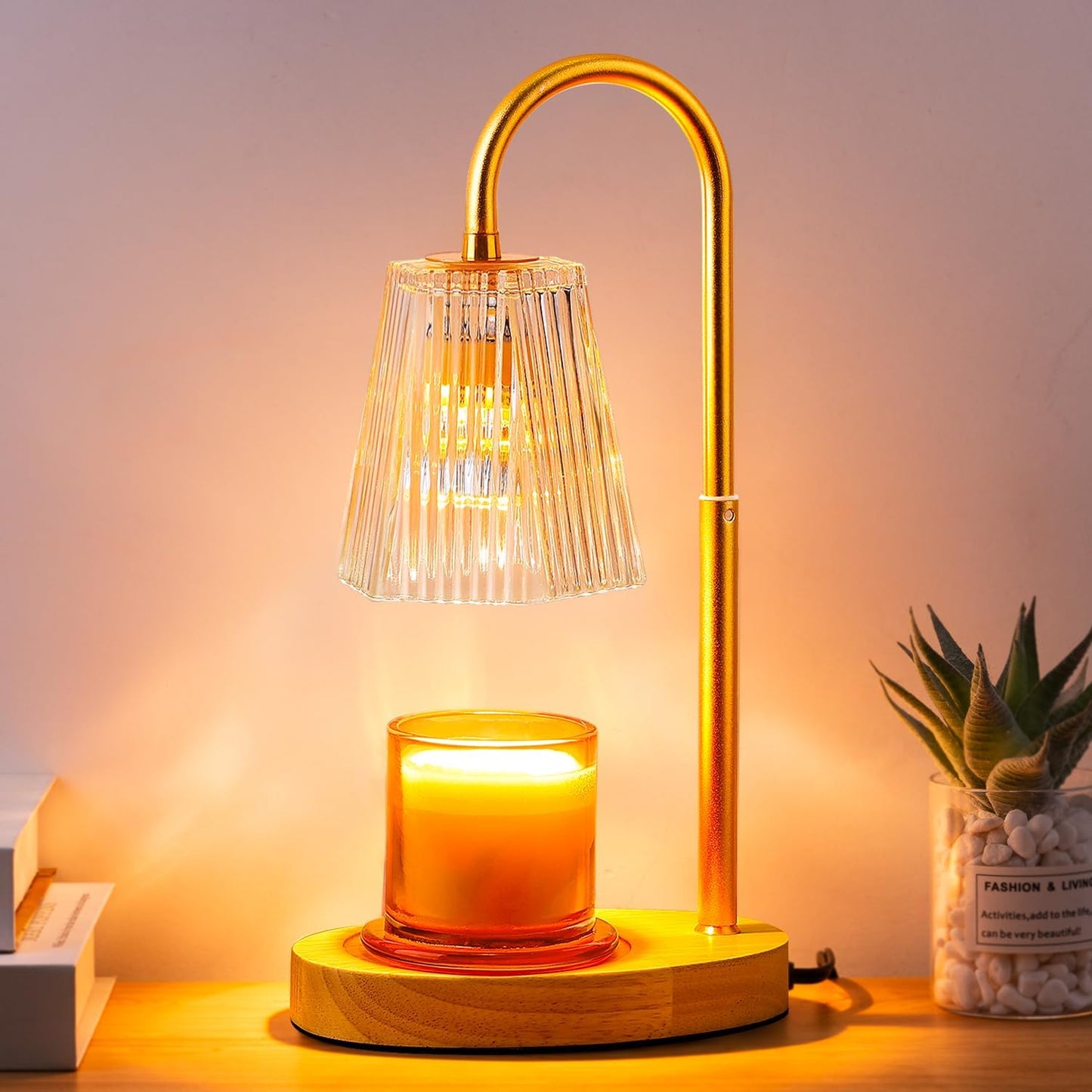 Candle Warmer Lamp with Timer: Electric Candles Wax Warmers Glass Lamps for Jar Candles Burner Adjustable Height and Dimmable Light Modern No Flame Scented Candle Warming Lantern, Amber