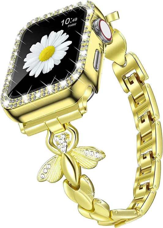 Metal Gold Bands Compatible Glitter Apple Watch Band 38Mm 40Mm 41Mm for Women Honey Bee,Stainless Steel Iwatch Strap Bling Slim Wristband Chain for Iwatch Series 9/8/7/6/5/4/3/2/1/SE2/SE