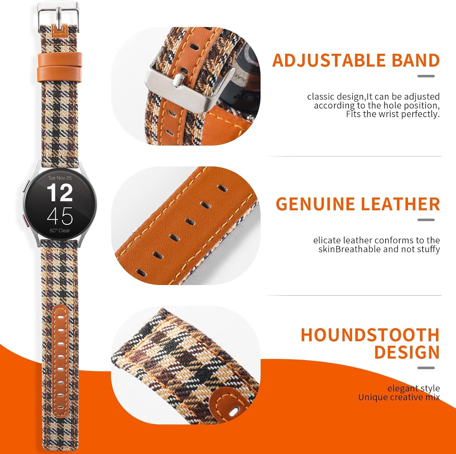 Leather Band for Galaxy Watch 4 44/40Mm, Canvas Plaid plus Leather Lining Band Samsung Galaxy Watch 4 Classic(42/46Mm)/Active 2(40/44Mm)/Galaxy Watch 3 41Mm Band for Women