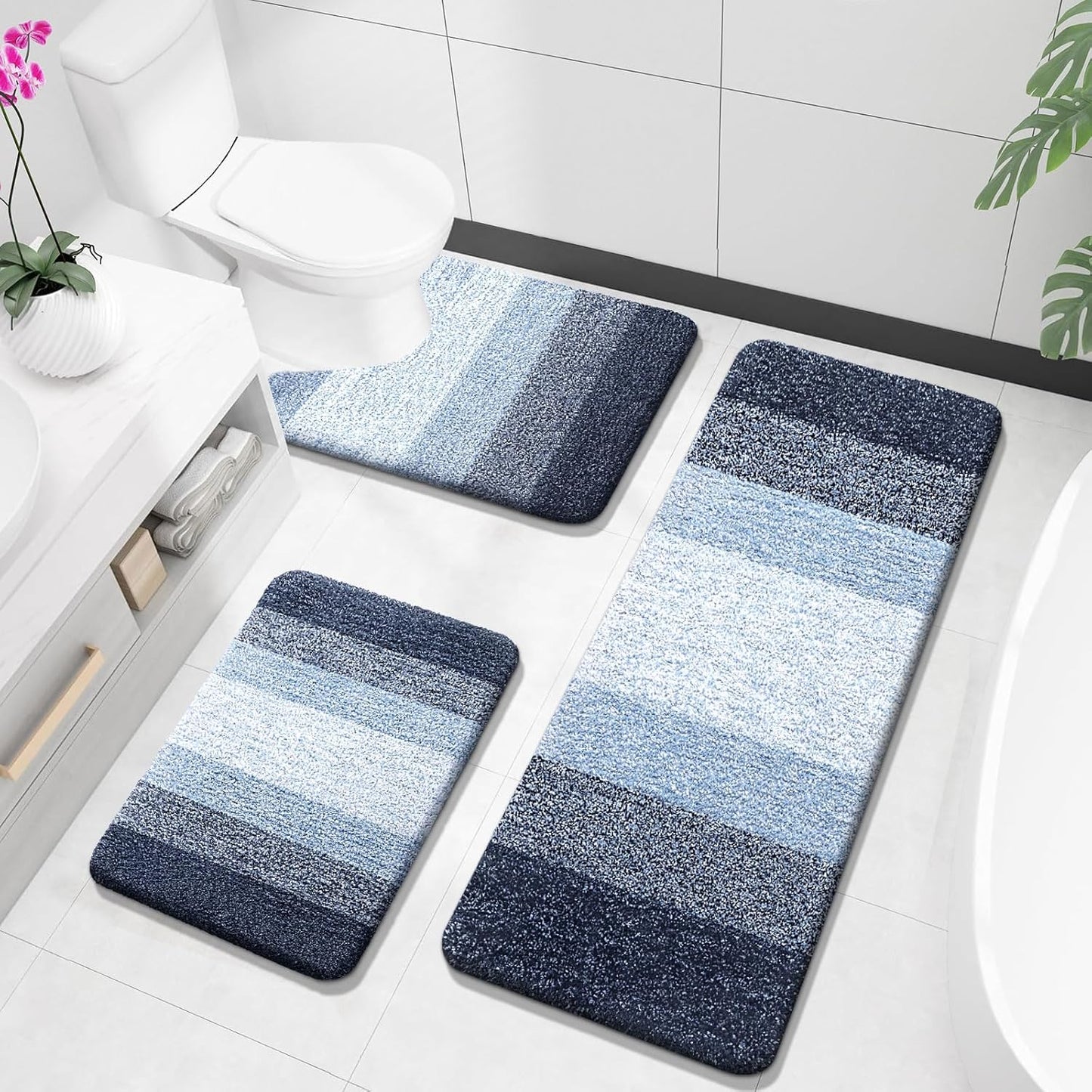 Bathroom Rugs Sets 3 Piece, Soft Absorbent Microfiber Bath Rugs and U-Shaped Contour Toilet Rug Area Rug Set, Non-Slip Bath Carpet, Home Decor Accessories, Bath Mat Set for Bathroom, Black