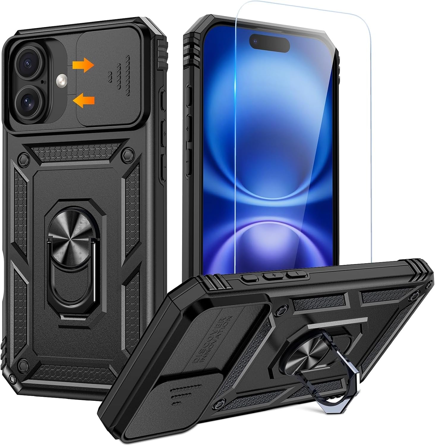 Compatible for Iphone 16 Case with Screen Protector - Slide Camera Cover Protective Phone Case with Ring Stand, Heavy Duty Shockproof Rugged Bumper for Iphone 16 Accessories Blue