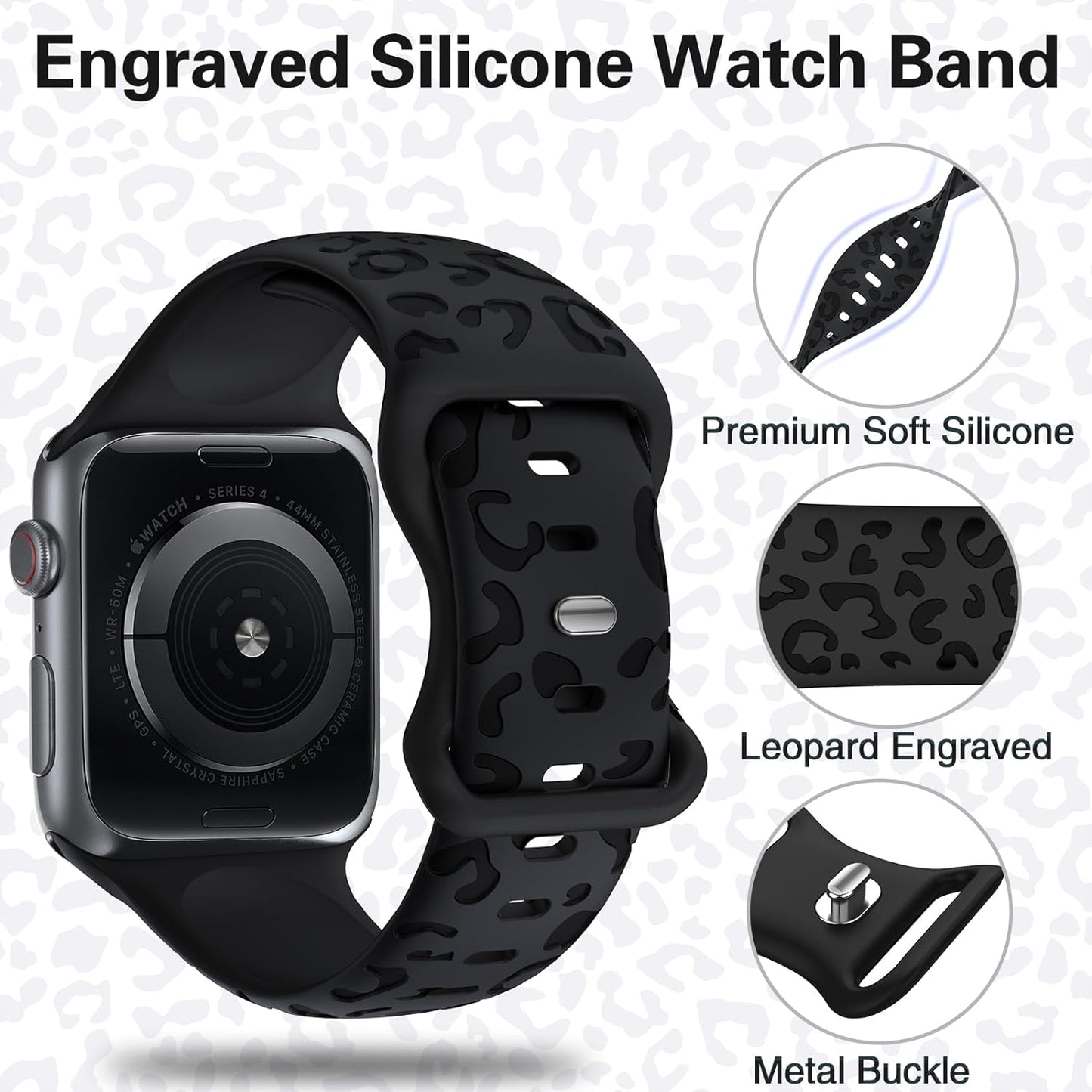 Leopard Engraved Bands for Apple Watch Band 40Mm 38Mm 41Mm 42Mm 44Mm 45Mm Women Men, Cheetah Sport Strap Silicone Waterproof Wristbands for Iwatch Series 9 8 7 6 SE 5 4 3 2 1