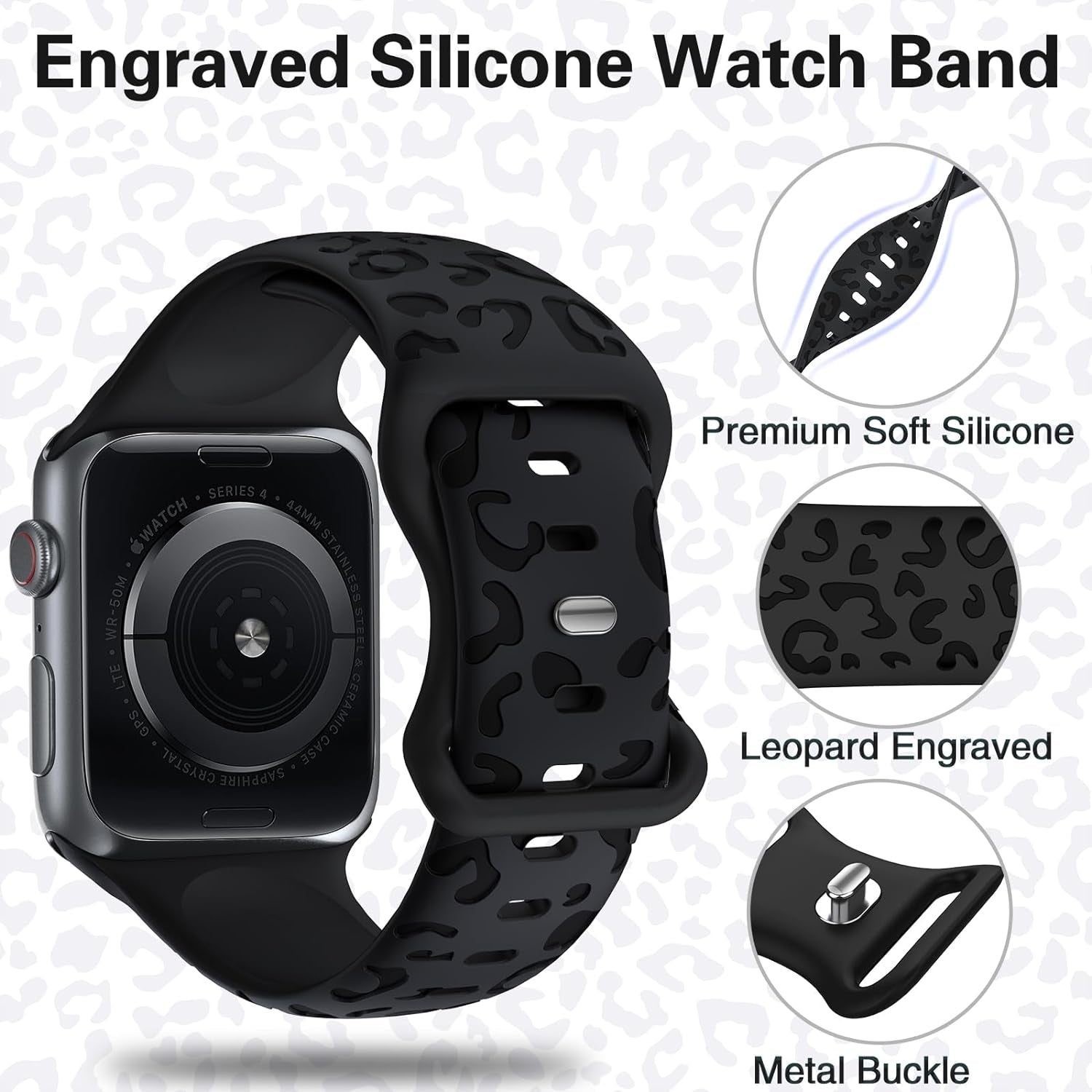 Leopard Engraved Bands for Apple Watch Band 40Mm 38Mm 41Mm 42Mm 44Mm 45Mm Women Men, Cheetah Sport Strap Silicone Waterproof Wristbands for Iwatch Series 9 8 7 6 SE 5 4 3 2 1
