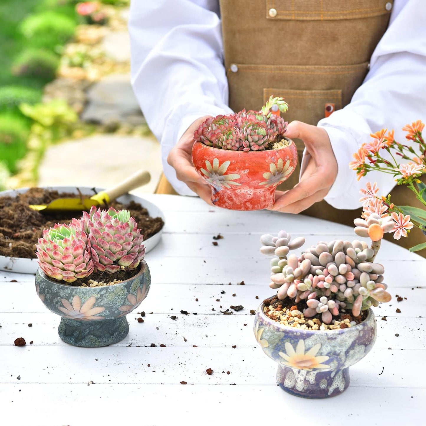 Small Succulent Planters Set of 3, Beautiful Hand Crafted Ceramic Plant Pots Cute Cactus Pot, 4.9 Inch Flower Pots for Indoor Plants with Drainage, Desktop Windowsill Home Office Decor Pots