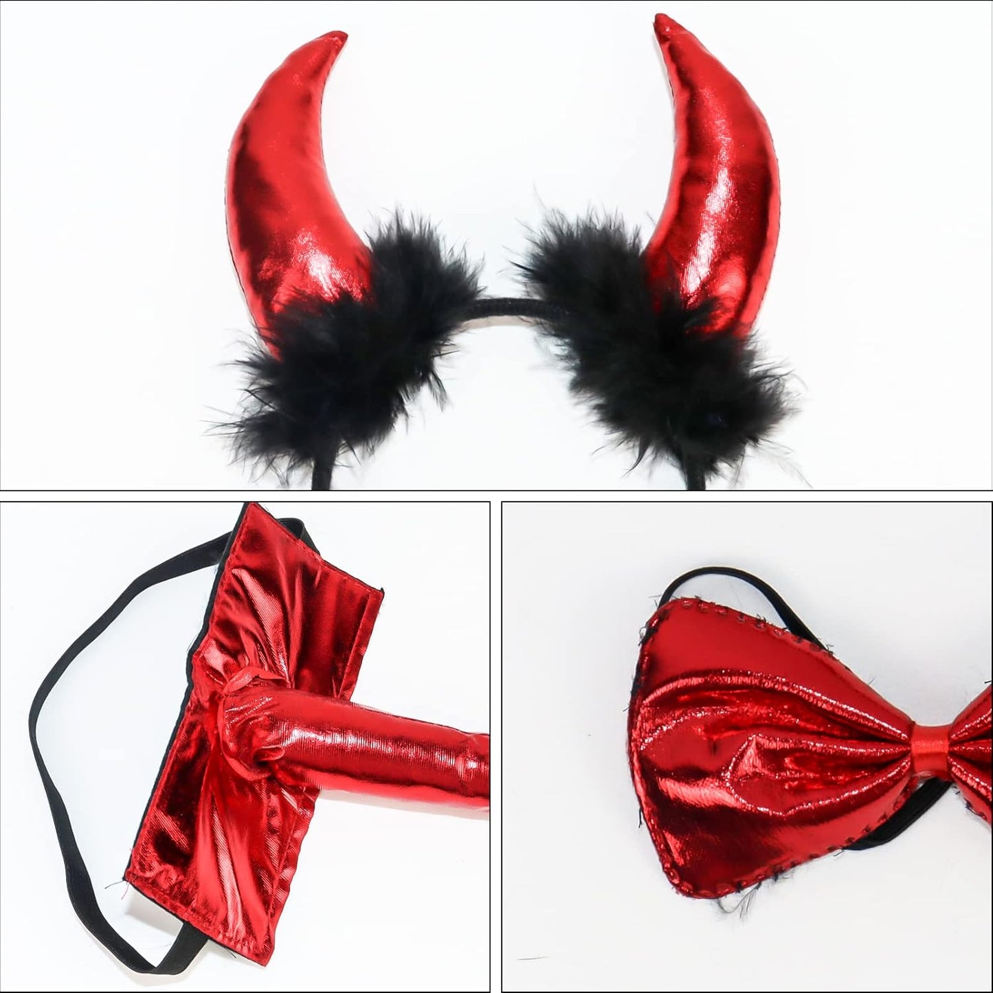 4 Pack Devil Costume Set Halloween Red Devil Pitchfork Horn Headband Tail Bowtie Demon Cosplay Accessories for Party Prop Costume