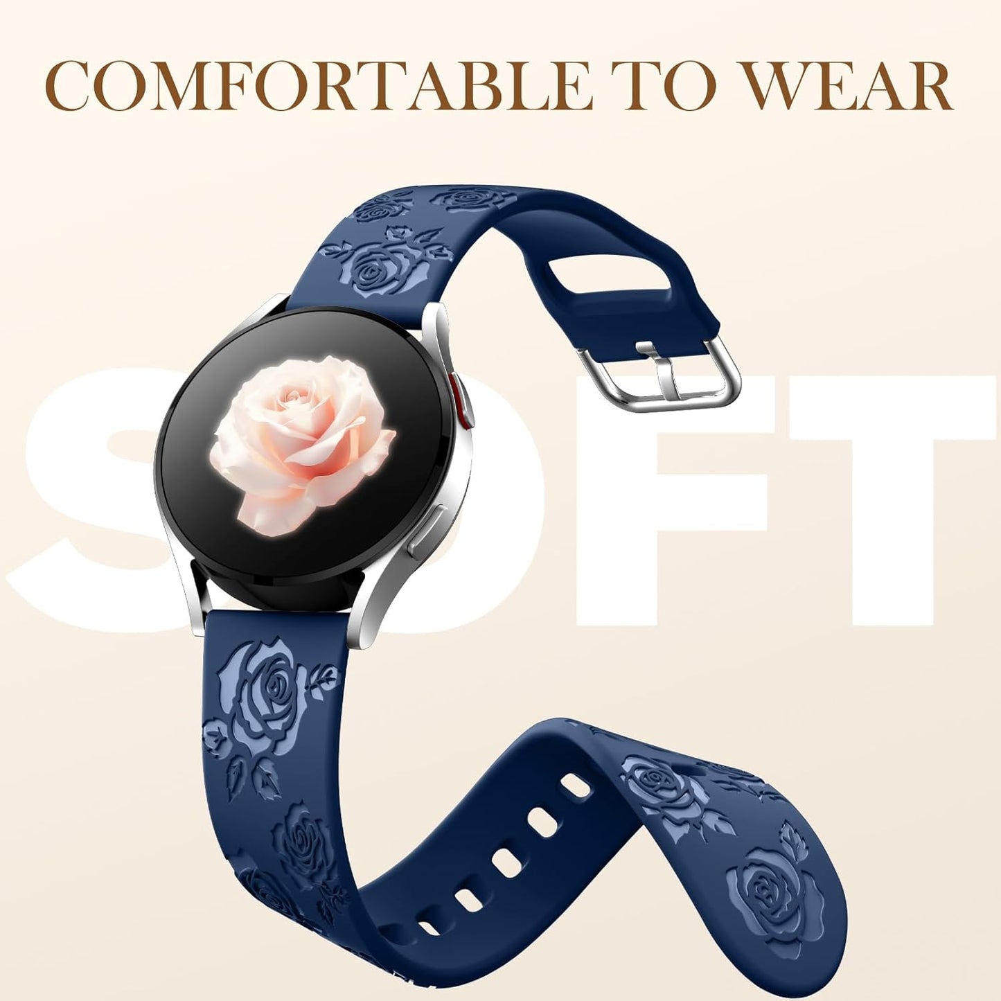 Sport Silicone Band for Samsung Watch 6 Bands 44Mm 40Mm, Galaxy Watch 4 5 Band/Galaxy Watch 5 Pro/Galaxy Watch 4 6 Classic Band, 20Mm Glossy Floral Engraved Band for Galaxy Watch 7, Deep Blue