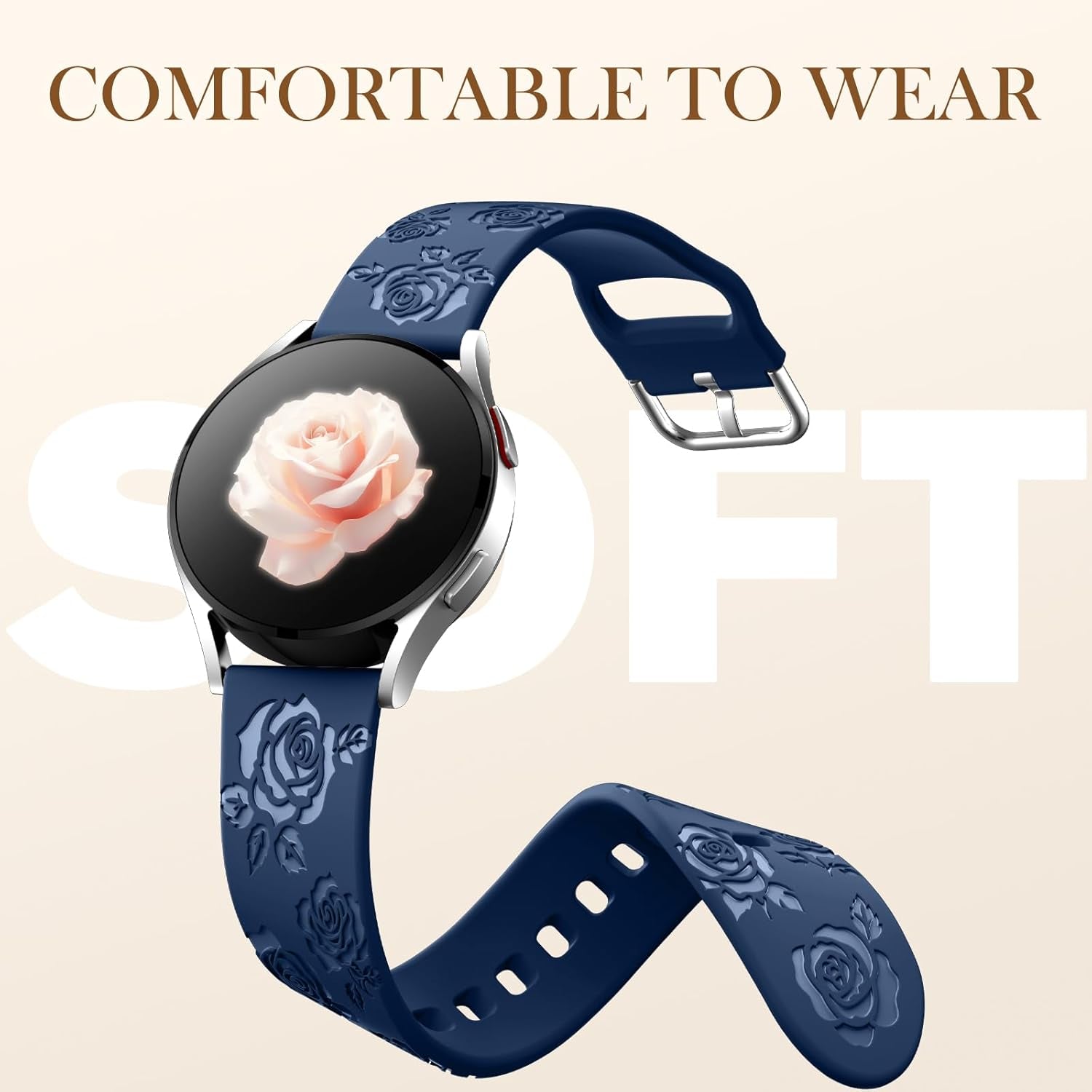 Sport Silicone Band for Samsung Watch 6 Bands 44Mm 40Mm, Galaxy Watch 4 5 Band/Galaxy Watch 5 Pro/Galaxy Watch 4 6 Classic Band, 20Mm Glossy Floral Engraved Band for Galaxy Watch 7, Deep Blue