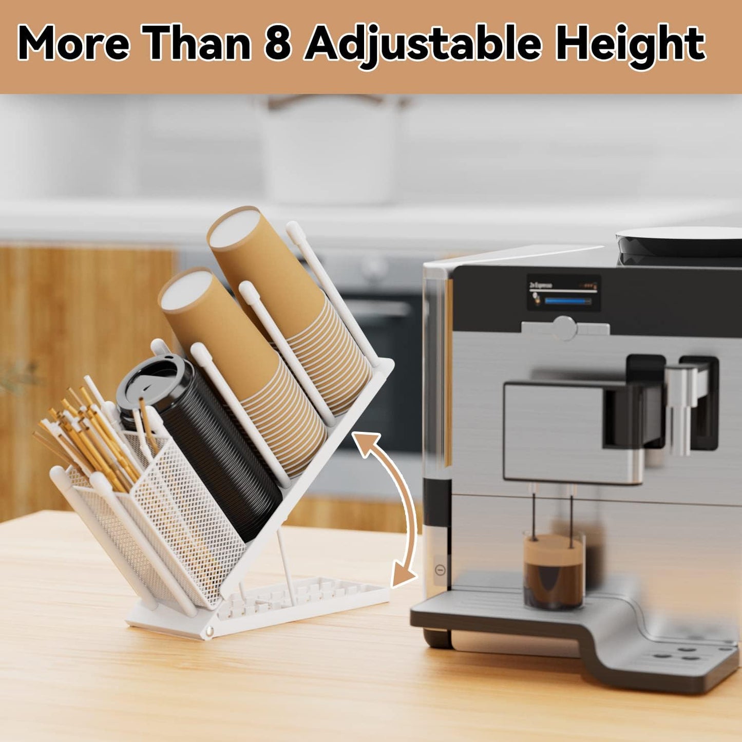 Cup and Lid Holder - Adjustable Coffee Cup Holder Organizer 4 Compartment Disposable Cup Dispenser with Mesh Basket for Coffee Pod Straw Storage Metal (White)