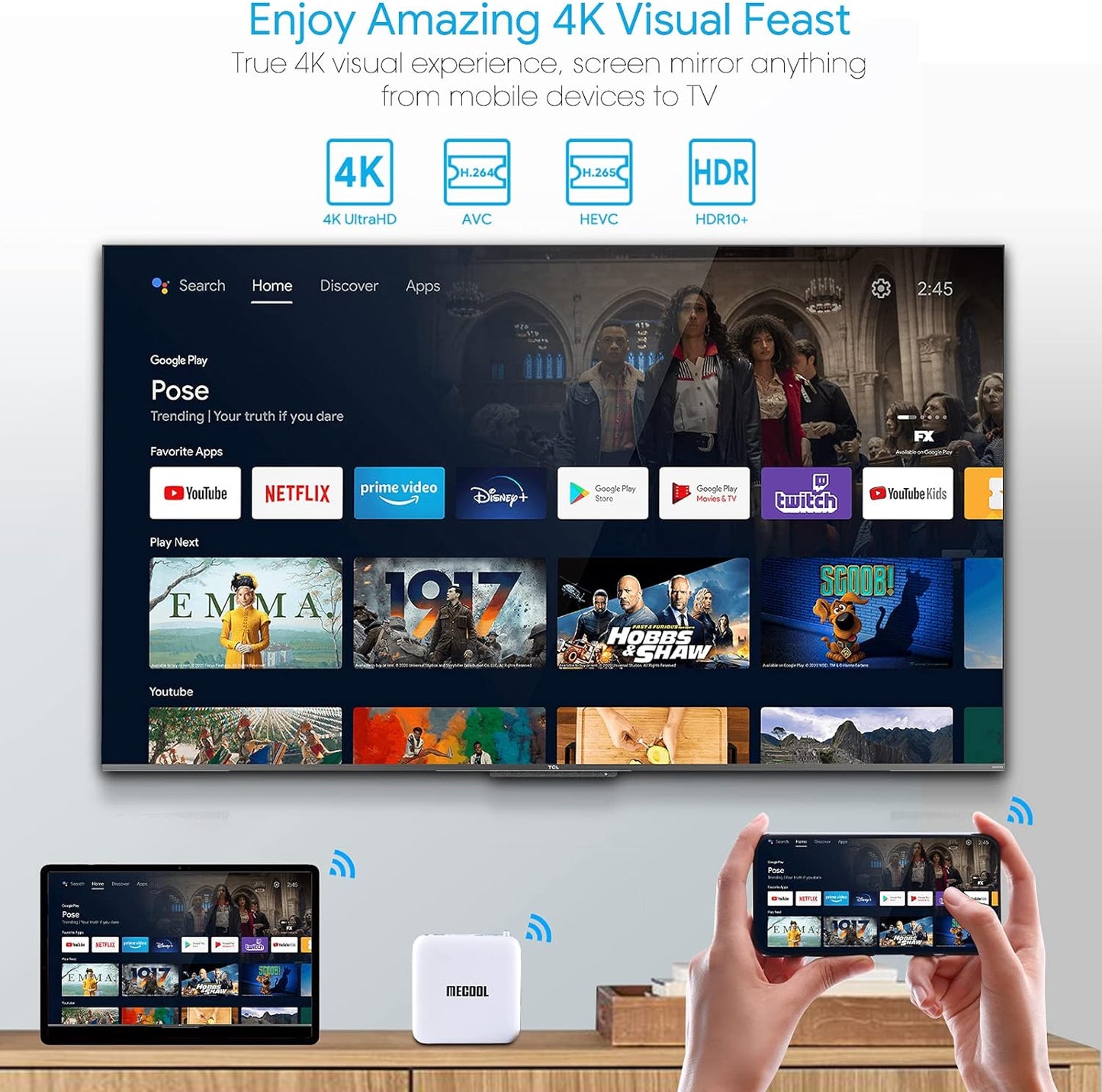 Android 10.0 TV Box, KM2 Smart TV Box Netflix Google Certified USB 3.0 Ultra 4K HDR 2GB 8GB Support 2.4G 5.0G Wifi BT 4.2 with Amlogic S905X2 Google Assistant Dolby Audio