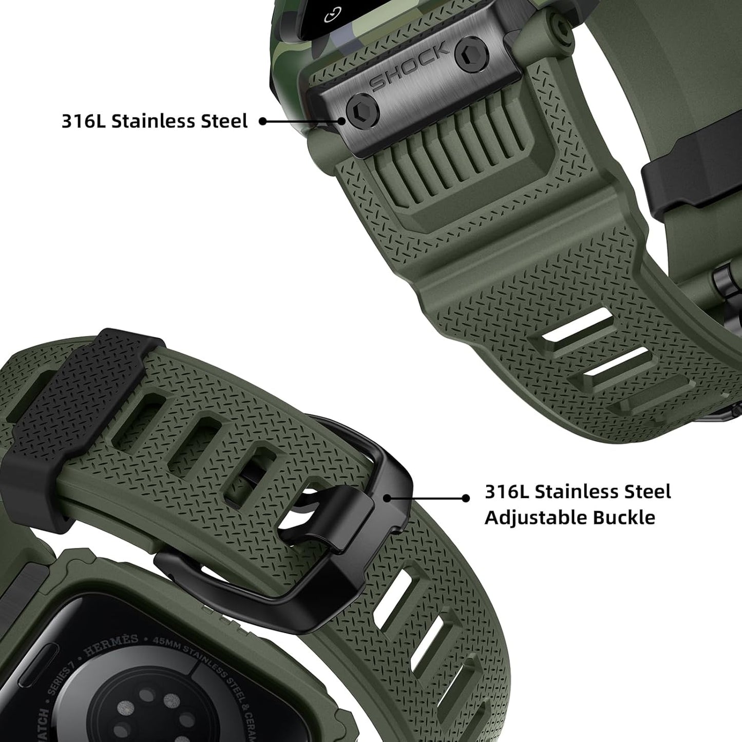 Compatible for Apple Watch Band 45Mm 44Mm 42Mm with Case,Men Rugged Sport Military TPU with Metal Pieces Strap with Bumper Cover for Iwatch Series 9/8/7/6/SE/5/4/3/2/1