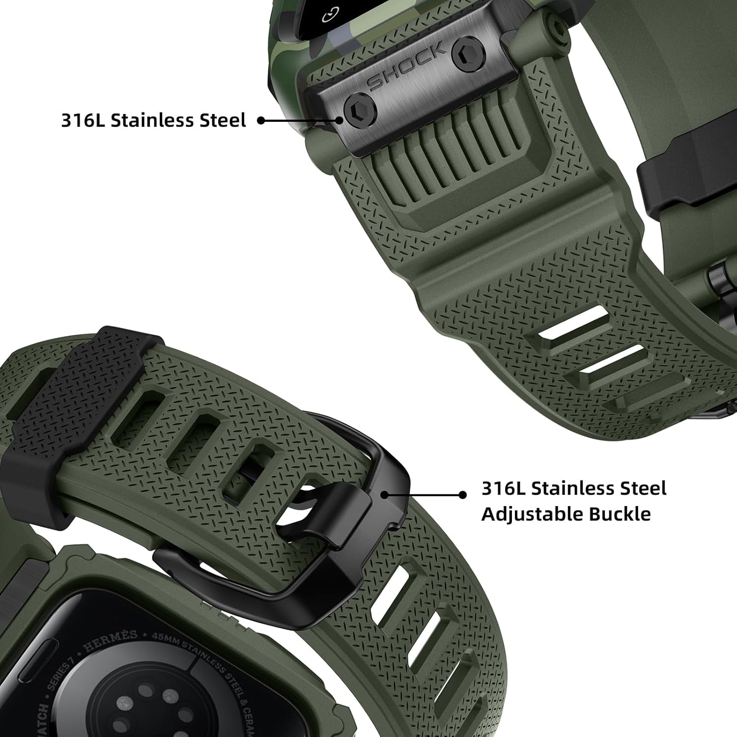 Compatible for Apple Watch Band 45Mm 44Mm 42Mm with Case,Men Rugged Sport Military TPU with Metal Pieces Strap with Bumper Cover for Iwatch Series 9/8/7/6/SE/5/4/3/2/1
