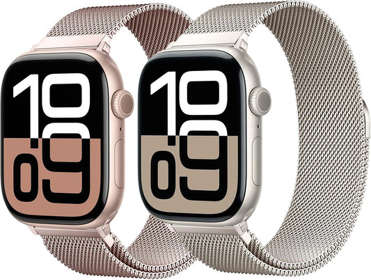 2 Pack Stainless Steel Mesh Loop Compatible with Apple Watch Band 38Mm 40Mm 41Mm 42Mm Series 10 Women Men, Magnetic Clasp Replacement Strap for Iwatch -Rose Gold+ Starlight