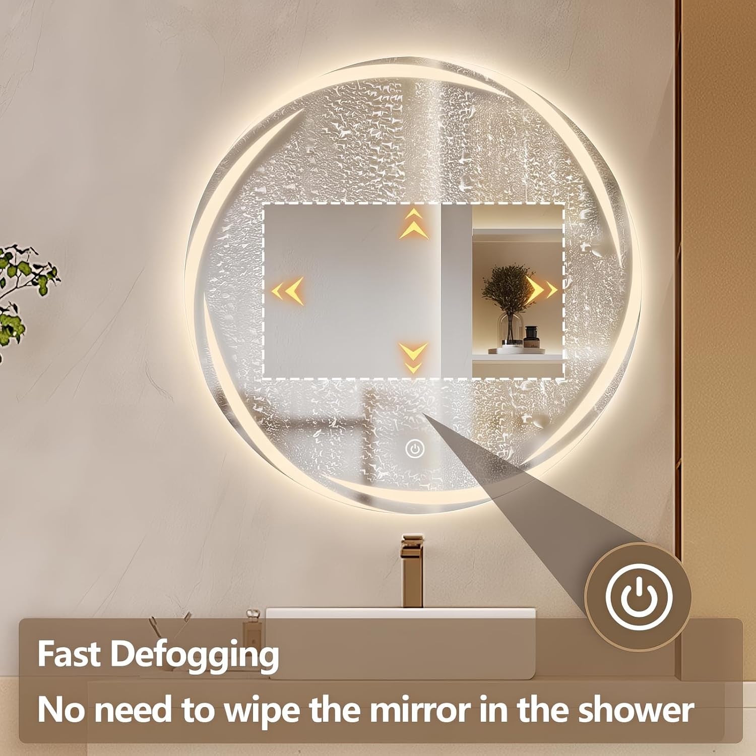 24" round LED Mirror for Bathroom with Front Light and Backlit, Stepless Dimmable Vanity Mirror with Lights, Frameless anti Fog Smart Mirror Wall Mounted, IP65 Waterproof, Shatter-Proof
