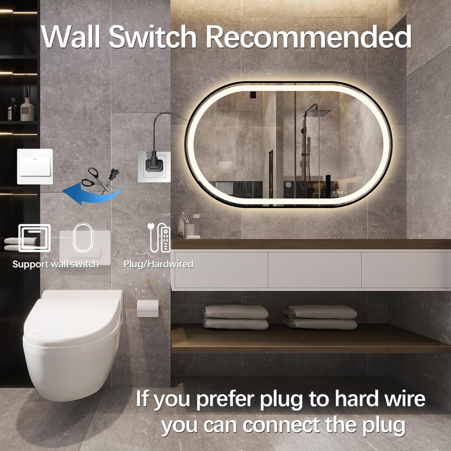 Oval LED Bathroom Mirror, 33"X20" Lighted Wall Mounted Vanity Mirror with Metal Frame, Anti-Fog IP66 Waterproof Smart Mirror, Memory Function, (Horizontal or Vertical), Gold