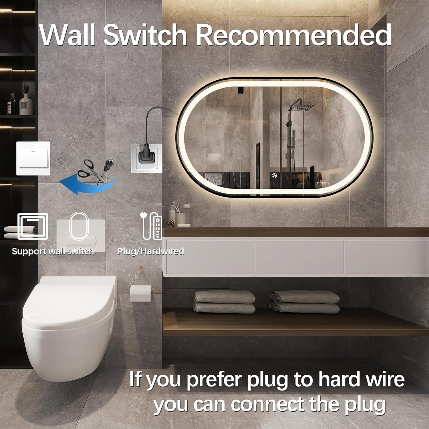 Oval LED Bathroom Mirror, 33"X20" Lighted Wall Mounted Vanity Mirror with Metal Frame, Anti-Fog IP66 Waterproof Smart Mirror, Memory Function, (Horizontal or Vertical), Gold