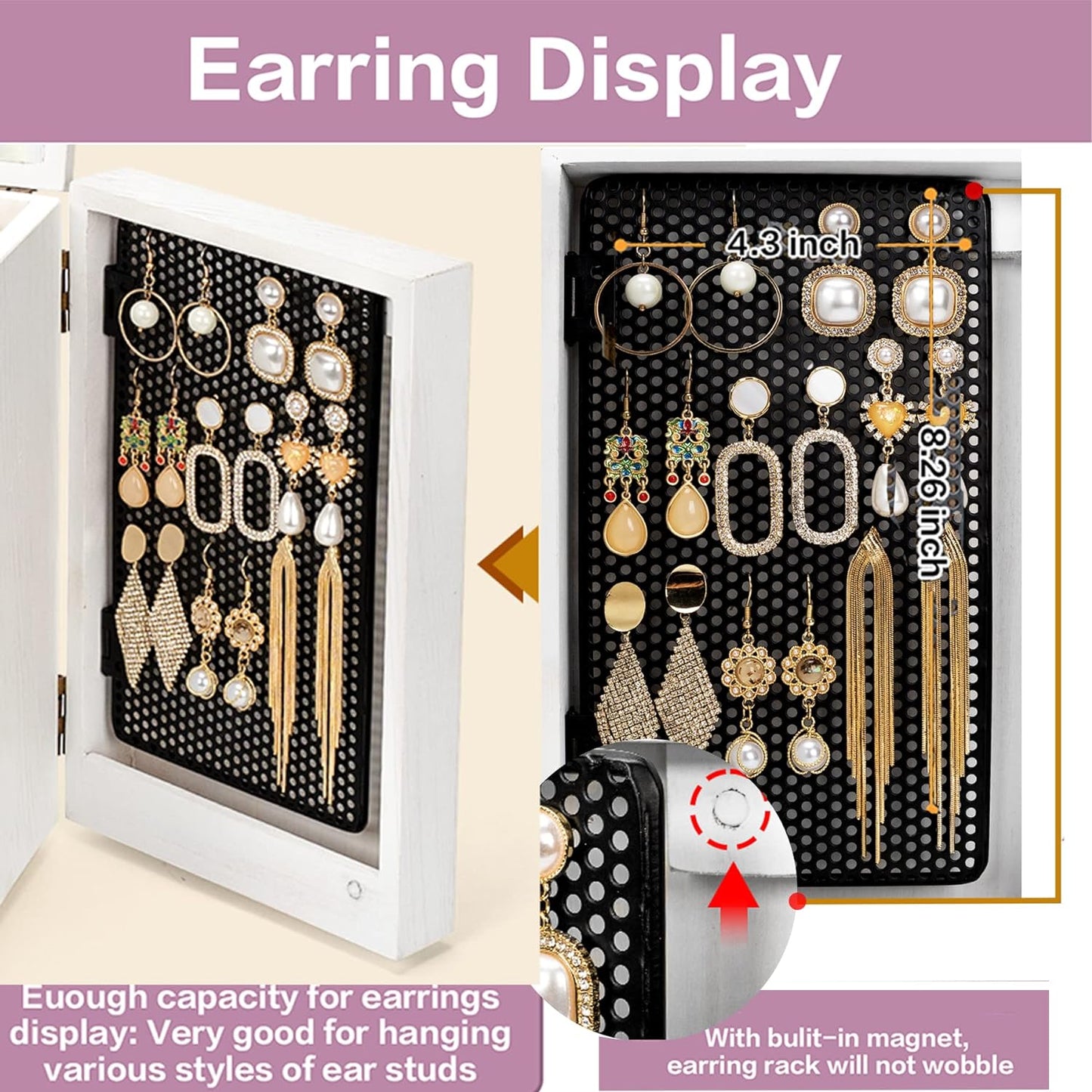 Jewelry Box Wood for Wowen, 5-Layer Large Organizer Box with Mirror & 4 Drawers for Rings, Earrings, Necklaces, White