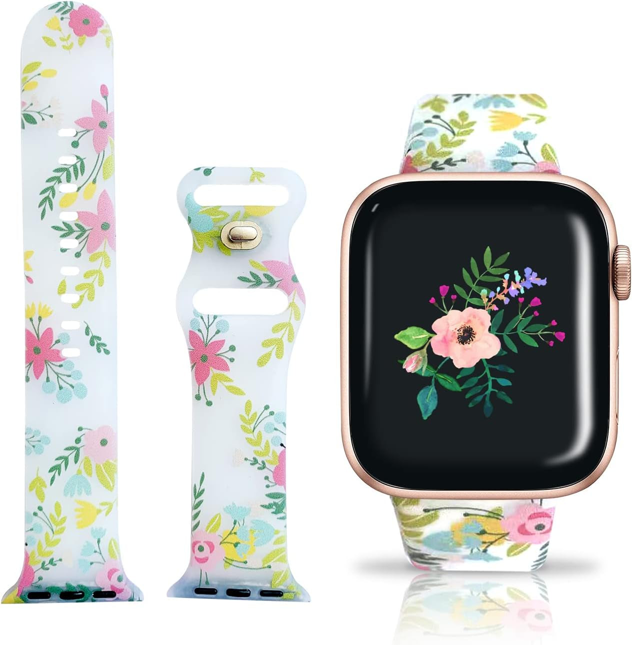 Elegant Tranfloral Watch Band Compatible with Apple Watch 38Mm 40Mm 41Mm 42Cm 44Cm 45Cm for Women, Cute Watch Smartwatch Strap Wristband Compatible with Apple Watch, Soft Silicone Flower Replacement Band for Iwatch Series 7 6 5 4 3 2 1 SE