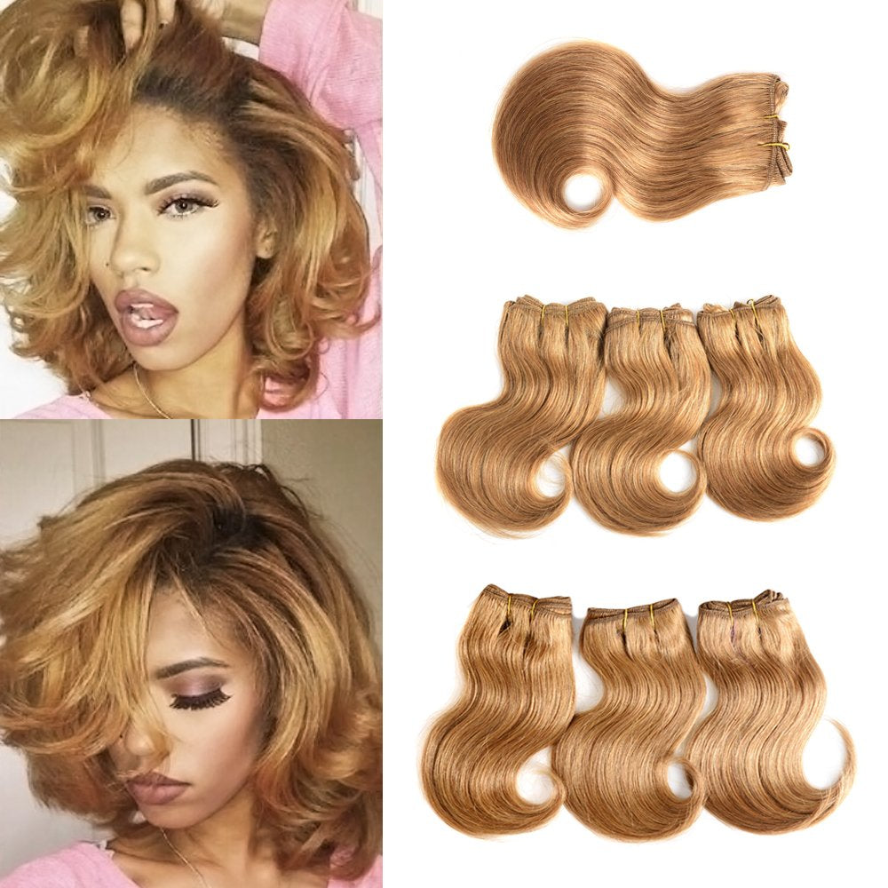 Beauty Brazilian Virgin Short Hair Extensions Honey Blonde Body Wave Bundles with Closure 8 Inch Bob Weave Human Hair