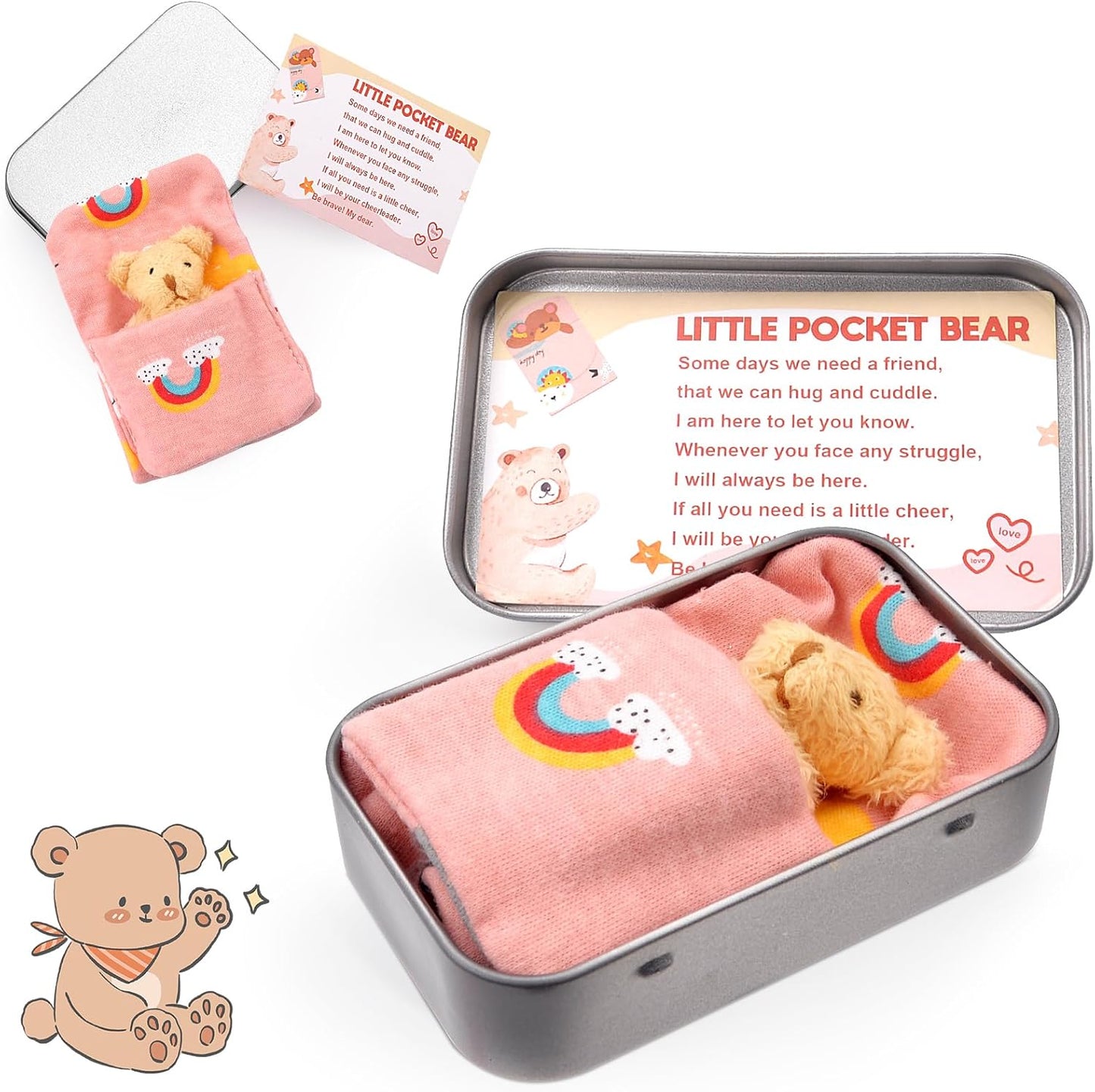 Pocket Bear in Tin Box, Pocket Hug Plush Toys, Stuffed Animad Bear Doll, Little Brown Bear, Good Luck Gifts, First Day at School Gift, Inspirational Positive Ornaments Gift for Kids Friend UK