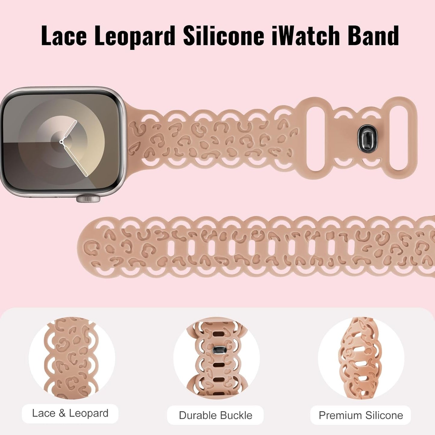 Lace Leopard Engraved Compatible with Apple Watch Band 38Mm 40Mm 41Mm 42Mm 44Mm 45Mm 49Mm Women, Soft Silicone Strap Hollow-Out Wristbands for Iwatch Bands Series 9/8/7/6/5/4/3/2/1/Se/Ultra
