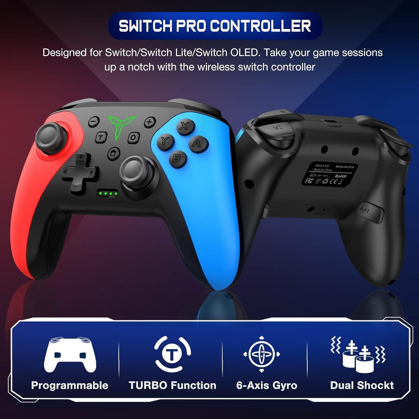 Wireless Switch Controller for Nintendo Switch/Lite/Oled Controller, Switch Controller with a Mouse Touch Feeling on Back Buttons, Extra Switch Pro Controller with Wake-Up,Programmable, Turbo Function