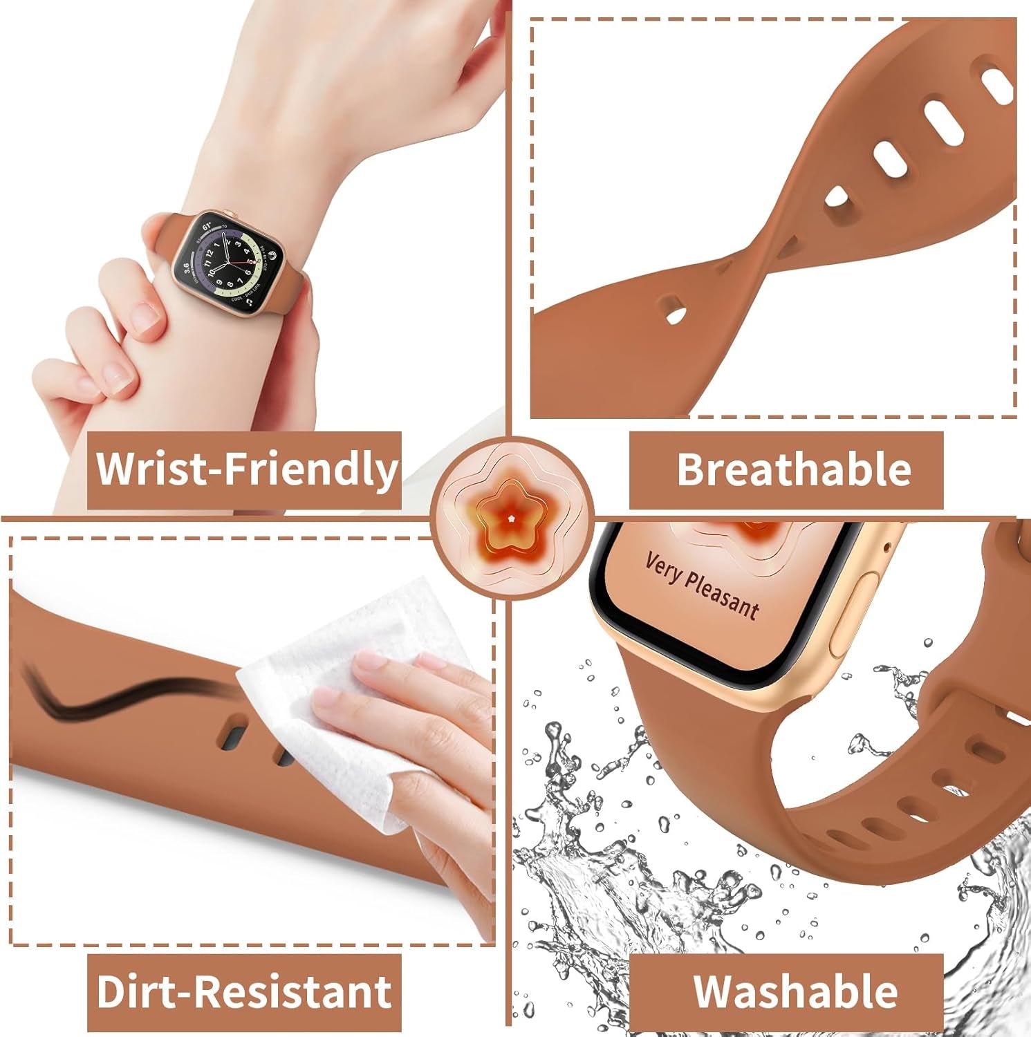 Sport Silicone Band Compatible with Apple Watch Bands 40Mm 38Mm 41Mm 44Mm 45Mm 49Mm 42Mm Women Men Kid, Soft Strap Waterproof Replacement for Iwatch Series 9 Ultra 8 7 SE 6 5 4 3 2 1 Brown